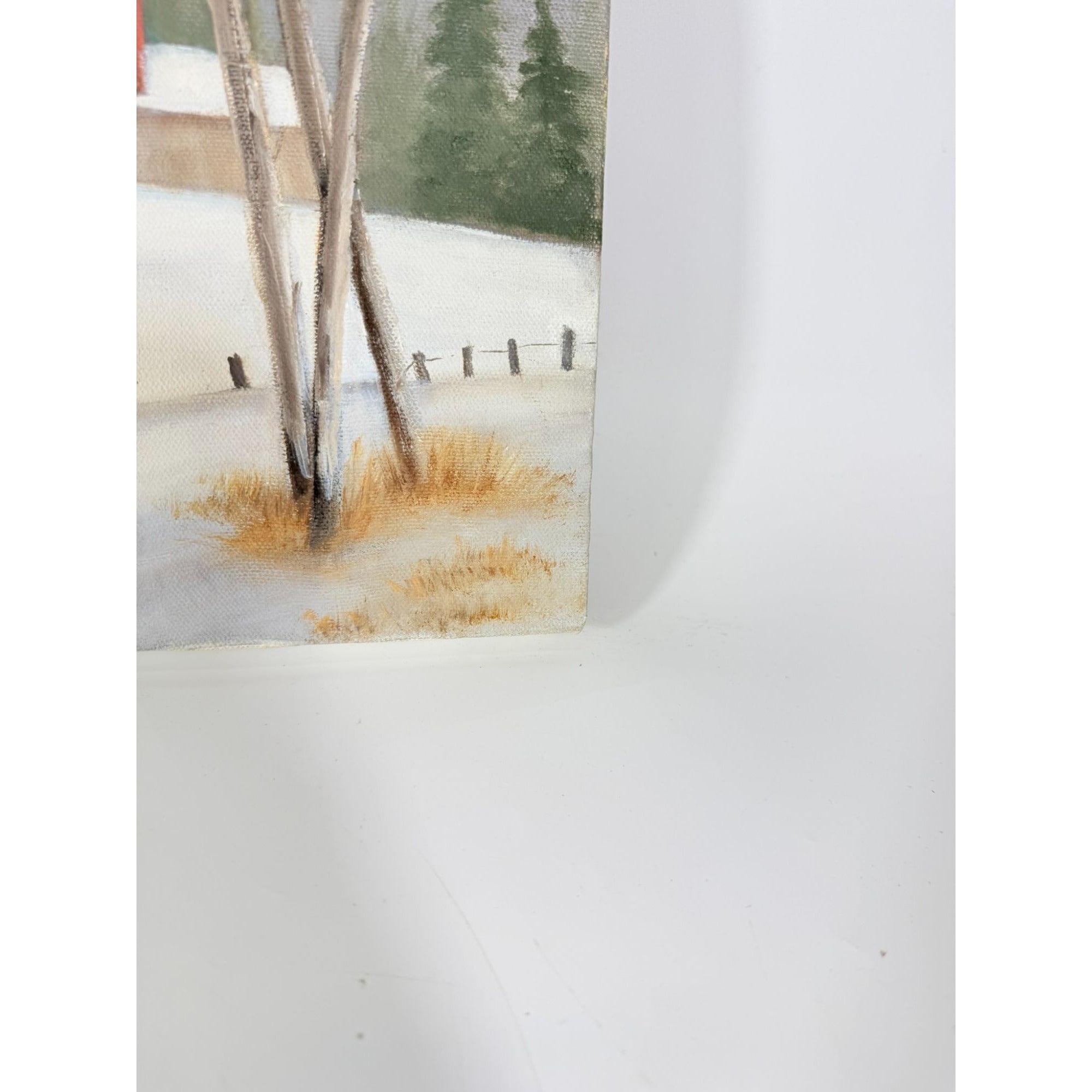 Oil Painting Red Barn Silo Winter Scene Snow Vintage Unknown Artist Unframed Gallery Wall Art