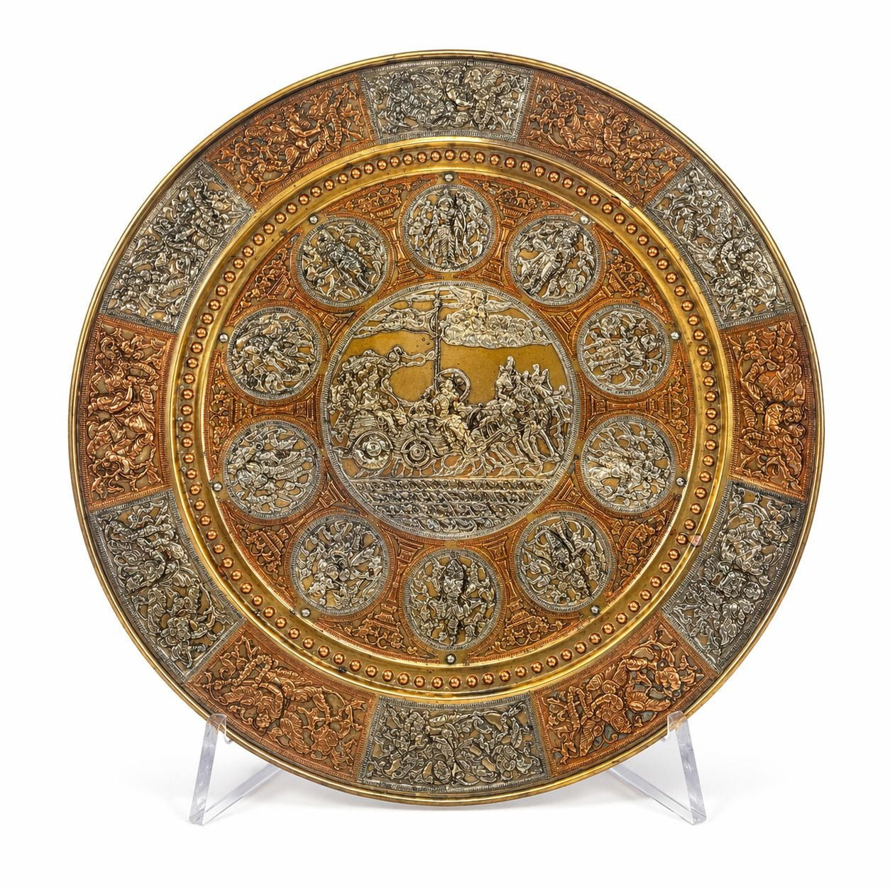 Thanjavur Wall Art Plate Charger Indian Tanjore Repousse Metal Vintage Antique Hand Forged Ganesha Shiva Hindu Brass, Copper, Silver India