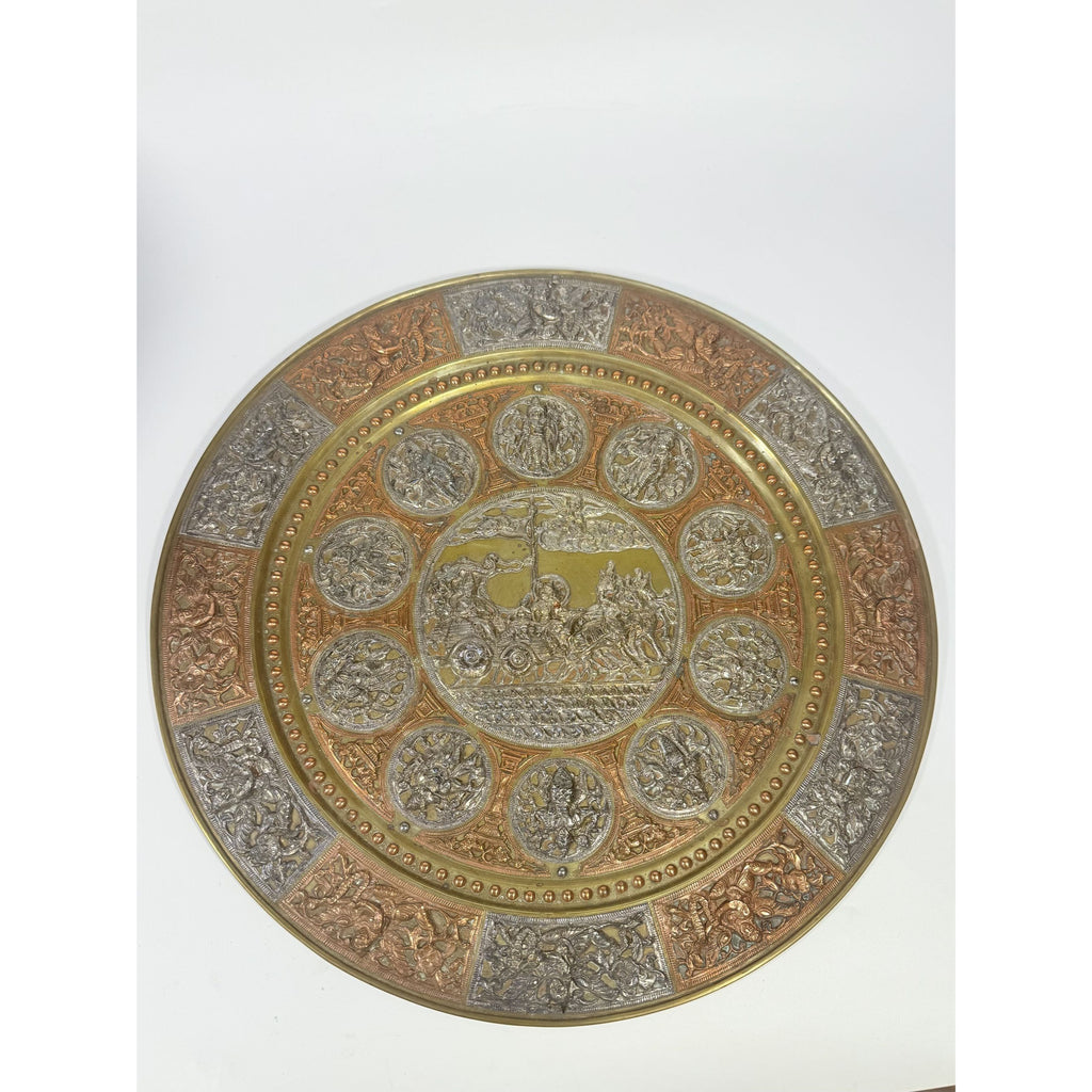 Thanjavur Wall Art Plate Charger Indian Tanjore Repousse Metal Vintage Antique Hand Forged Ganesha Shiva Hindu Brass, Copper, Silver India