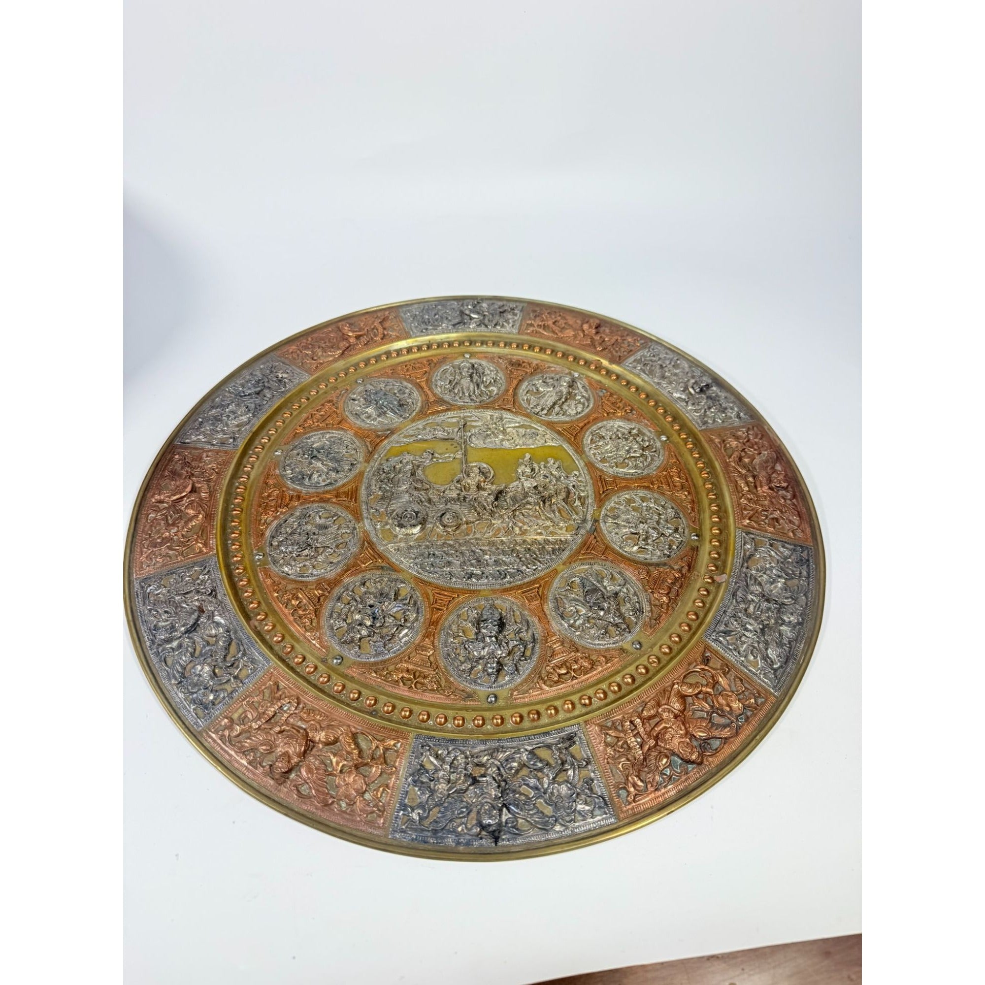 Thanjavur Wall Art Plate Charger Indian Tanjore Repousse Metal Vintage Antique Hand Forged Ganesha Shiva Hindu Brass, Copper, Silver India
