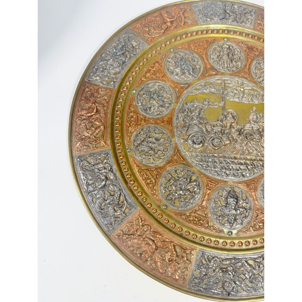 Thanjavur Wall Art Plate Charger Indian Tanjore Repousse Metal Vintage Antique Hand Forged Ganesha Shiva Hindu Brass, Copper, Silver India