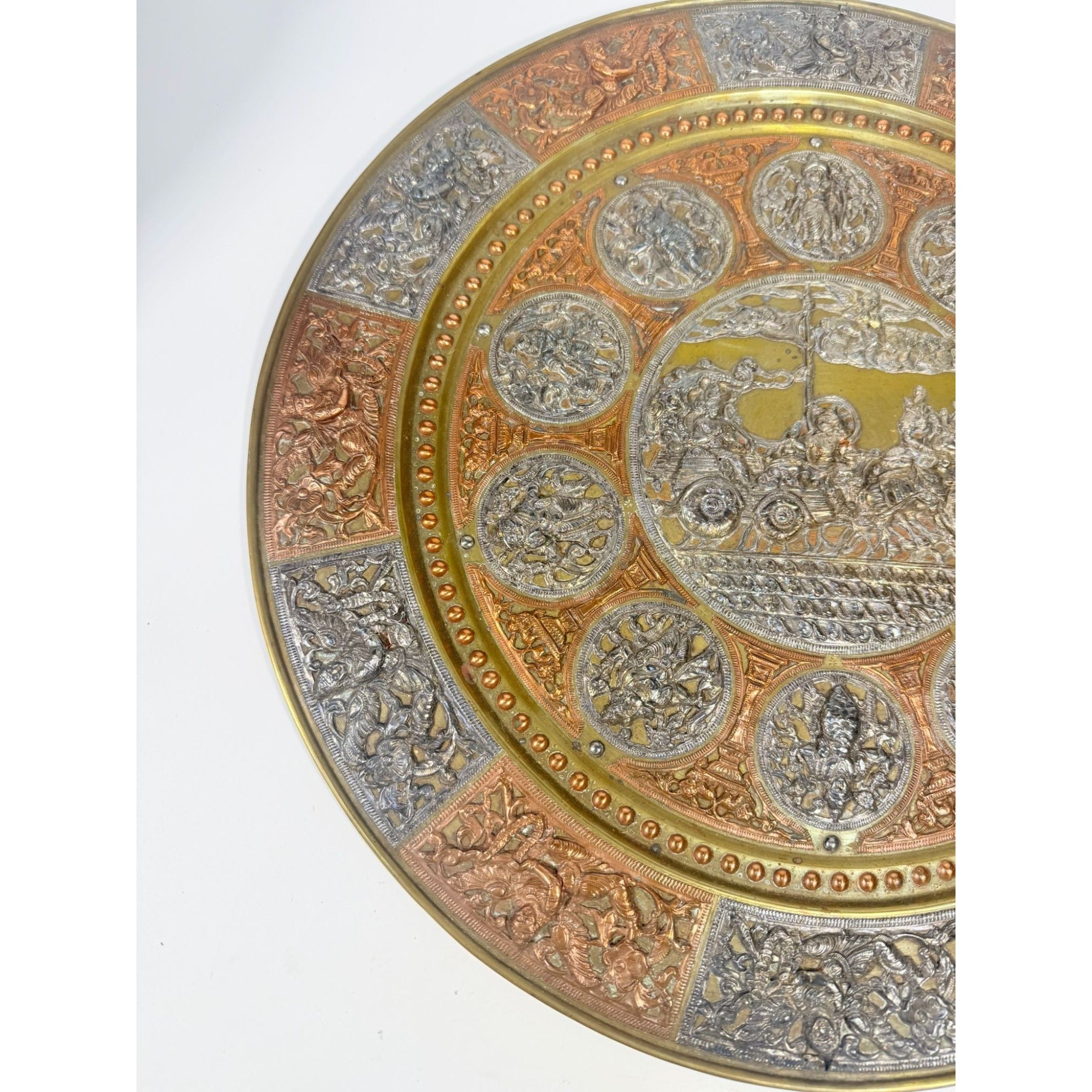 Thanjavur Wall Art Plate Charger Indian Tanjore Repousse Metal Vintage Antique Hand Forged Ganesha Shiva Hindu Brass, Copper, Silver India
