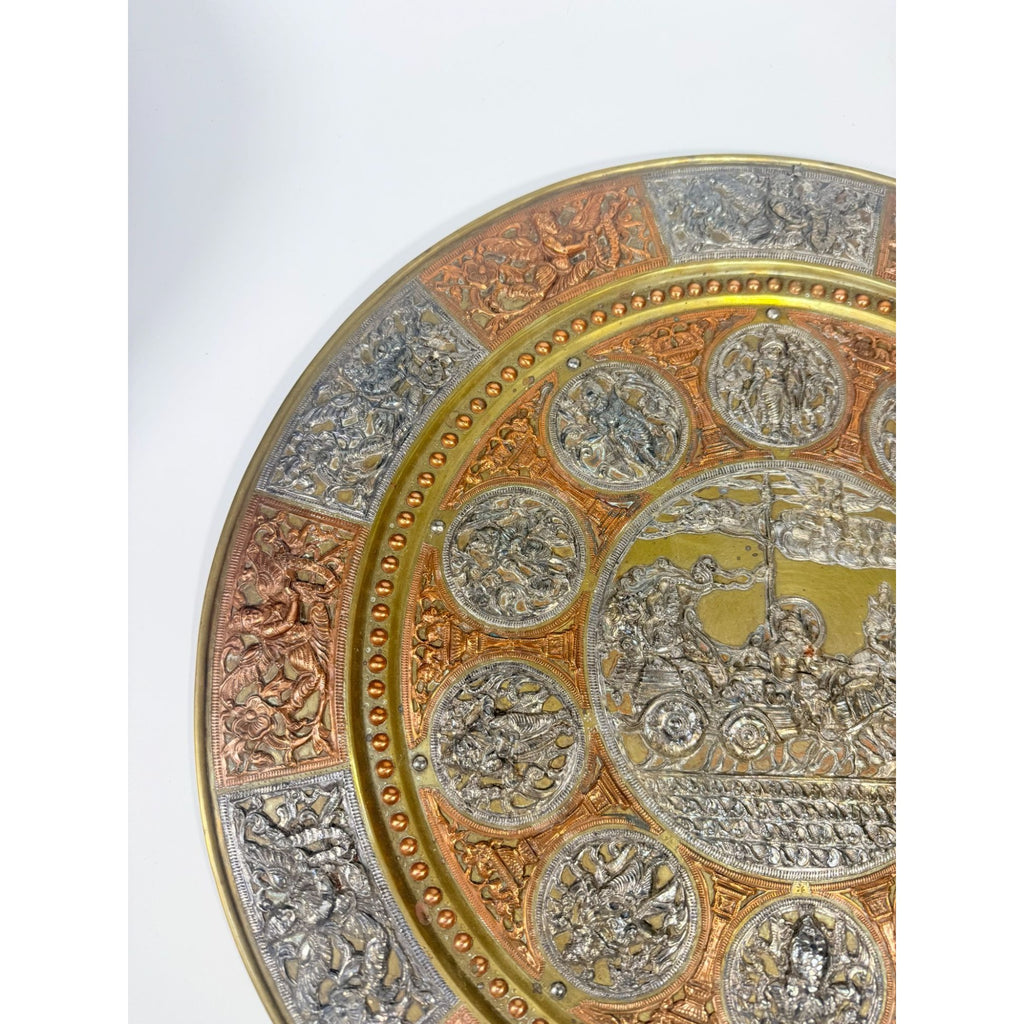 Thanjavur Wall Art Plate Charger Indian Tanjore Repousse Metal Vintage Antique Hand Forged Ganesha Shiva Hindu Brass, Copper, Silver India