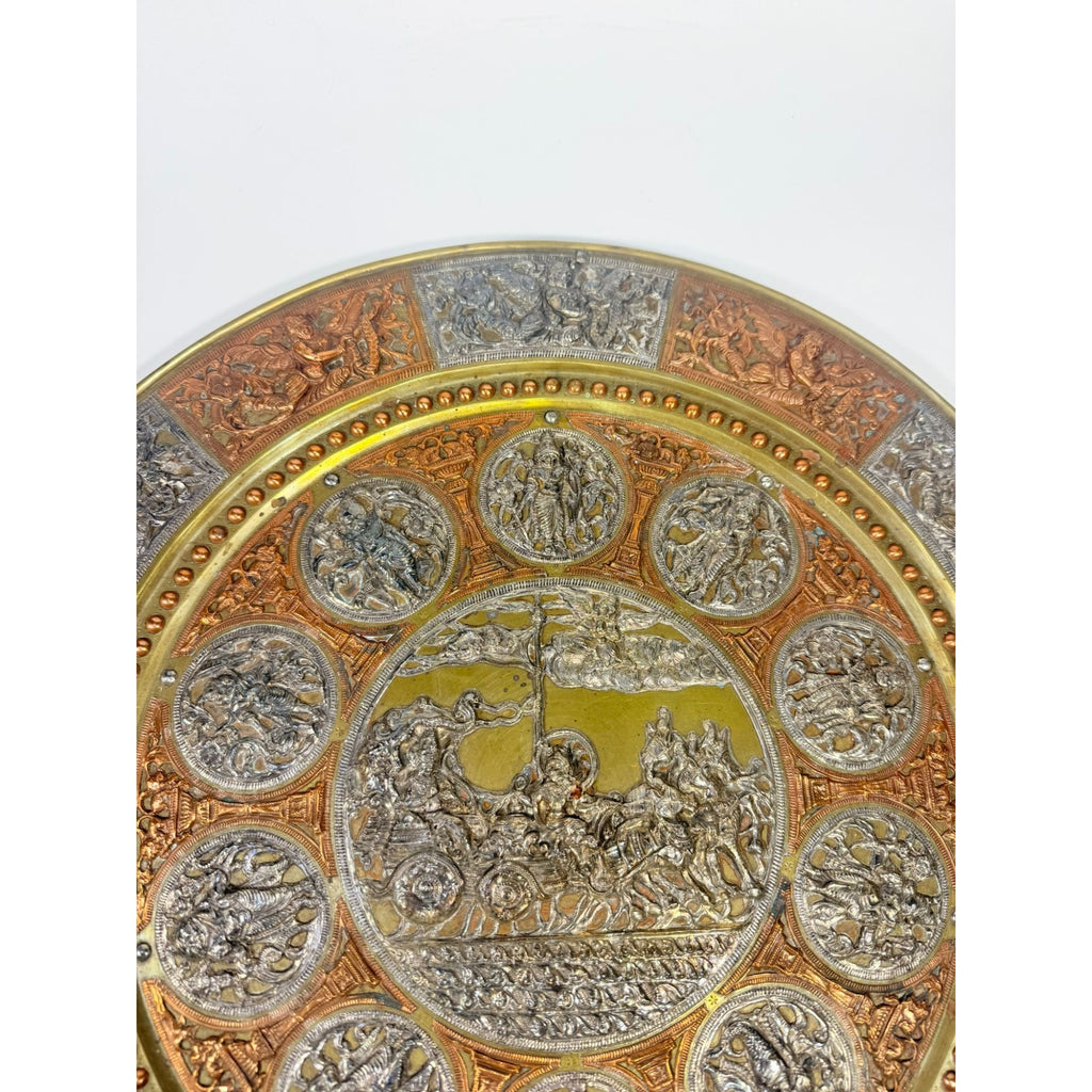 Thanjavur Wall Art Plate Charger Indian Tanjore Repousse Metal Vintage Antique Hand Forged Ganesha Shiva Hindu Brass, Copper, Silver India