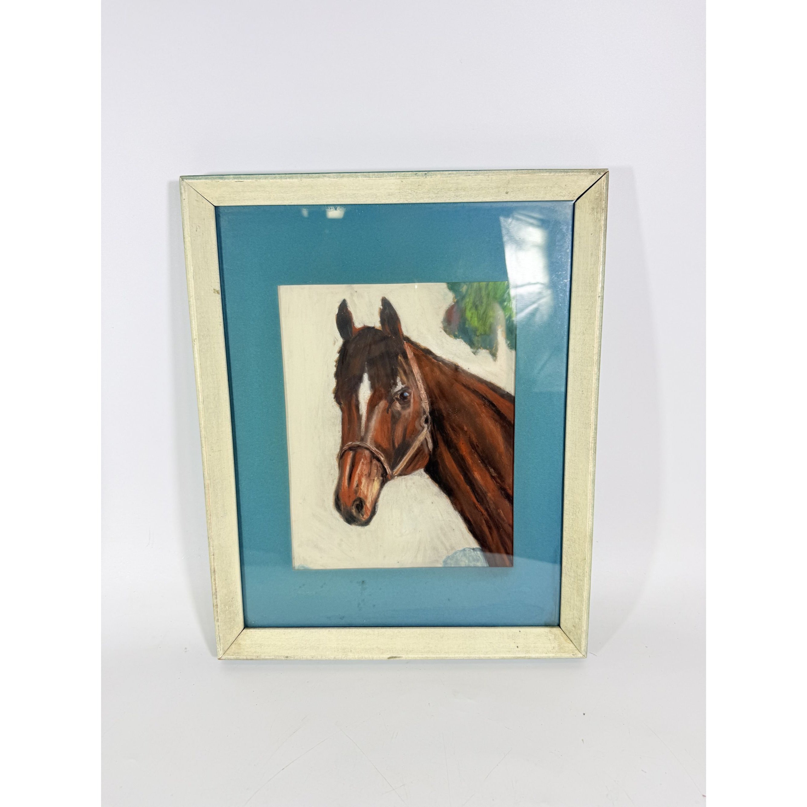 Pastel Painting Horse Brown White Blaze with halter Equine Framed Art Vintage Hand Painted Vintage Home Wall Decor Decorative Accents Farm