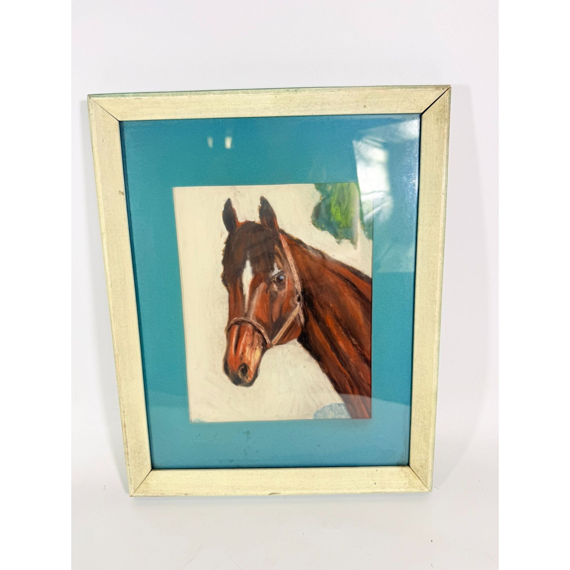 Pastel Painting Horse Brown White Blaze with halter Equine Framed Art Vintage Hand Painted Vintage Home Wall Decor Decorative Accents Farm