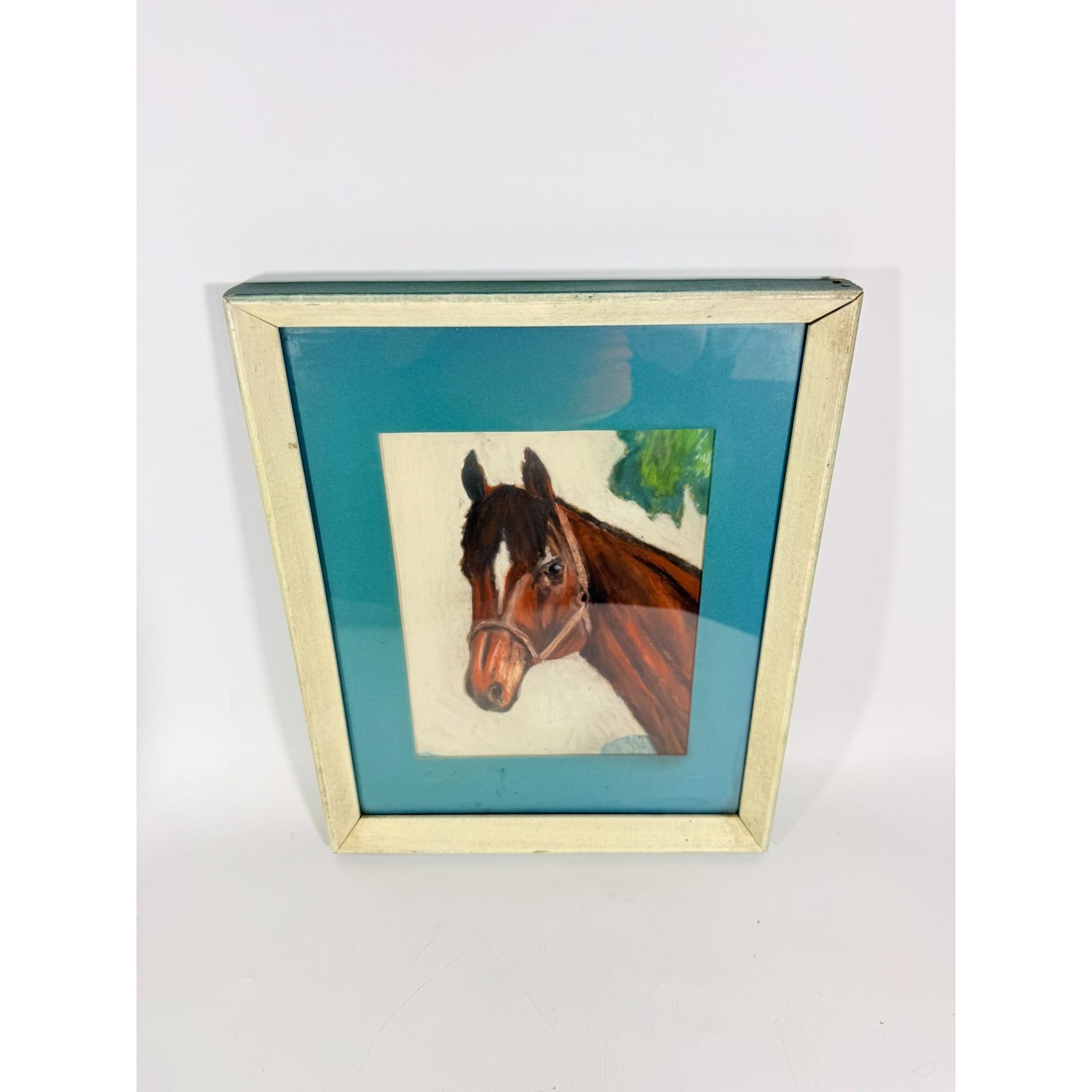 Pastel Painting Horse Brown White Blaze with halter Equine Framed Art Vintage Hand Painted Vintage Home Wall Decor Decorative Accents Farm