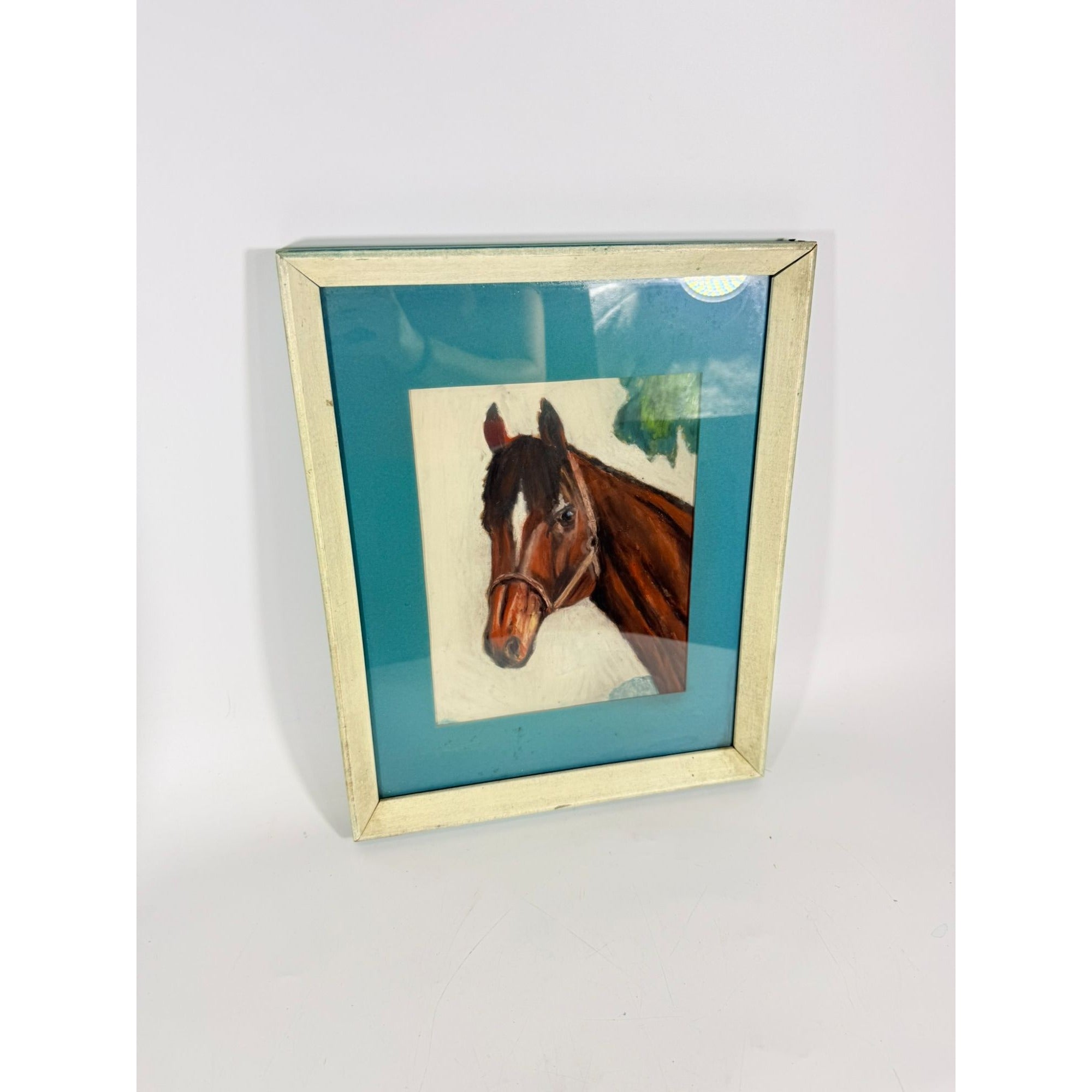 Pastel Painting Horse Brown White Blaze with halter Equine Framed Art Vintage Hand Painted Vintage Home Wall Decor Decorative Accents Farm