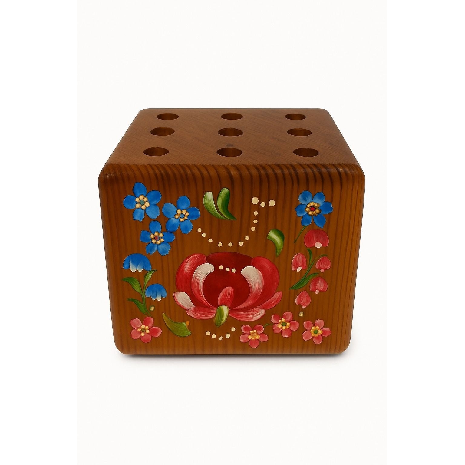 Pencil Pen Block Holder Hand Painted Wood Artisan for Desktop Signed Folk Art Floral Cottage Granny Core Desk Accessories Wooden Vintage