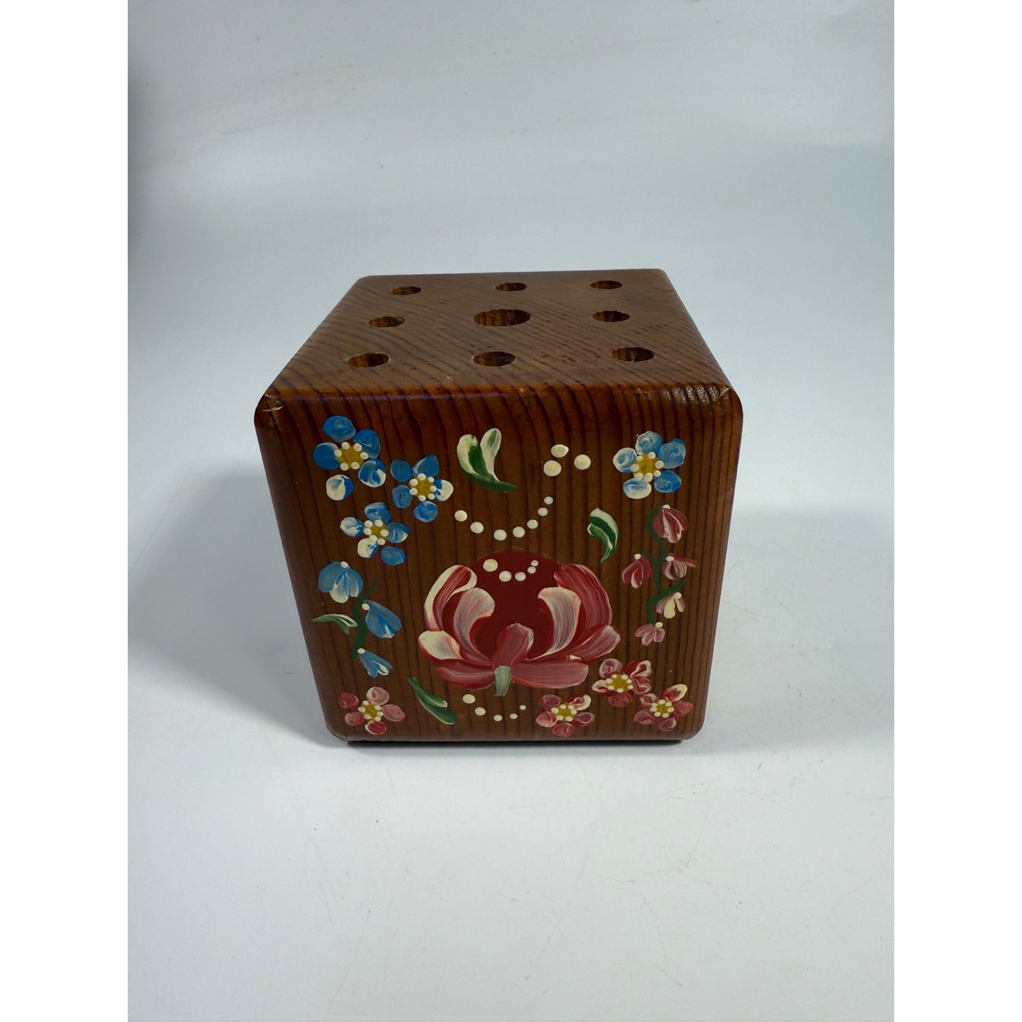 Pencil Pen Block Holder Hand Painted Wood Artisan for Desktop Signed Folk Art Floral Cottage Granny Core Desk Accessories Wooden Vintage