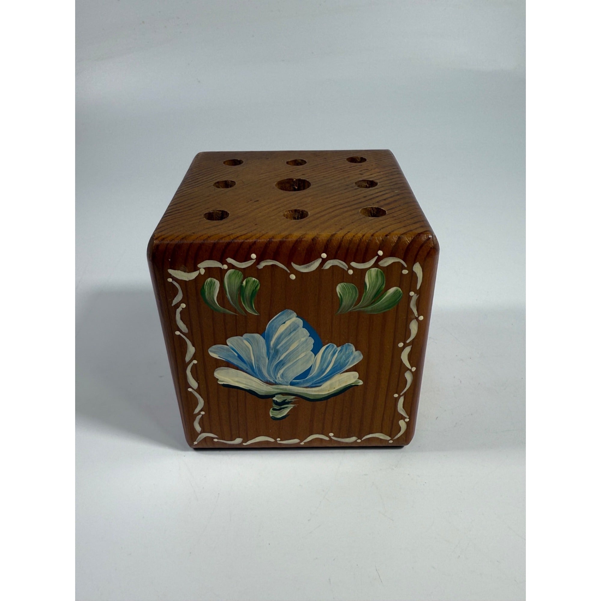 Pencil Pen Block Holder Hand Painted Wood Artisan for Desktop Signed Folk Art Floral Cottage Granny Core Desk Accessories Wooden Vintage