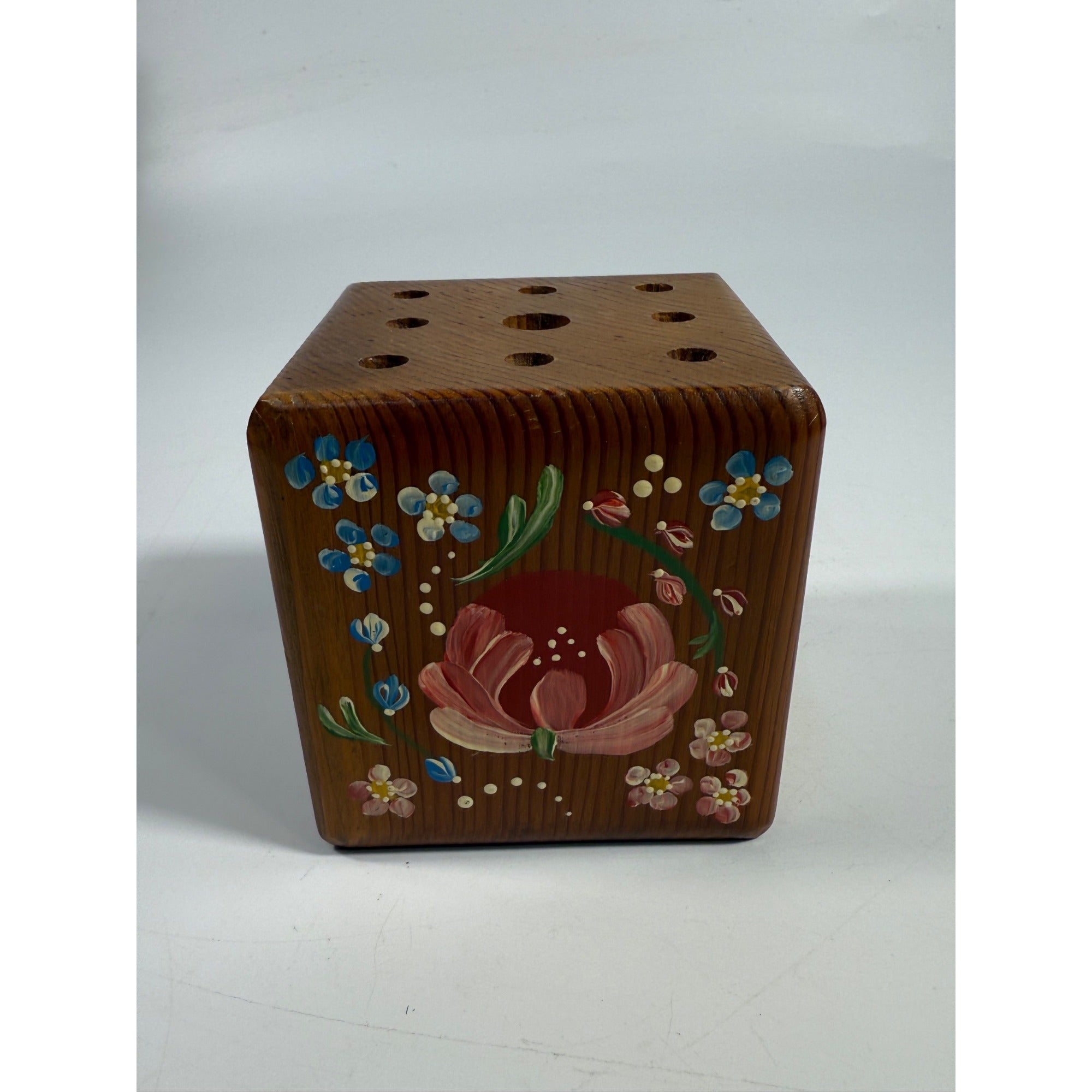 Pencil Pen Block Holder Hand Painted Wood Artisan for Desktop Signed Folk Art Floral Cottage Granny Core Desk Accessories Wooden Vintage