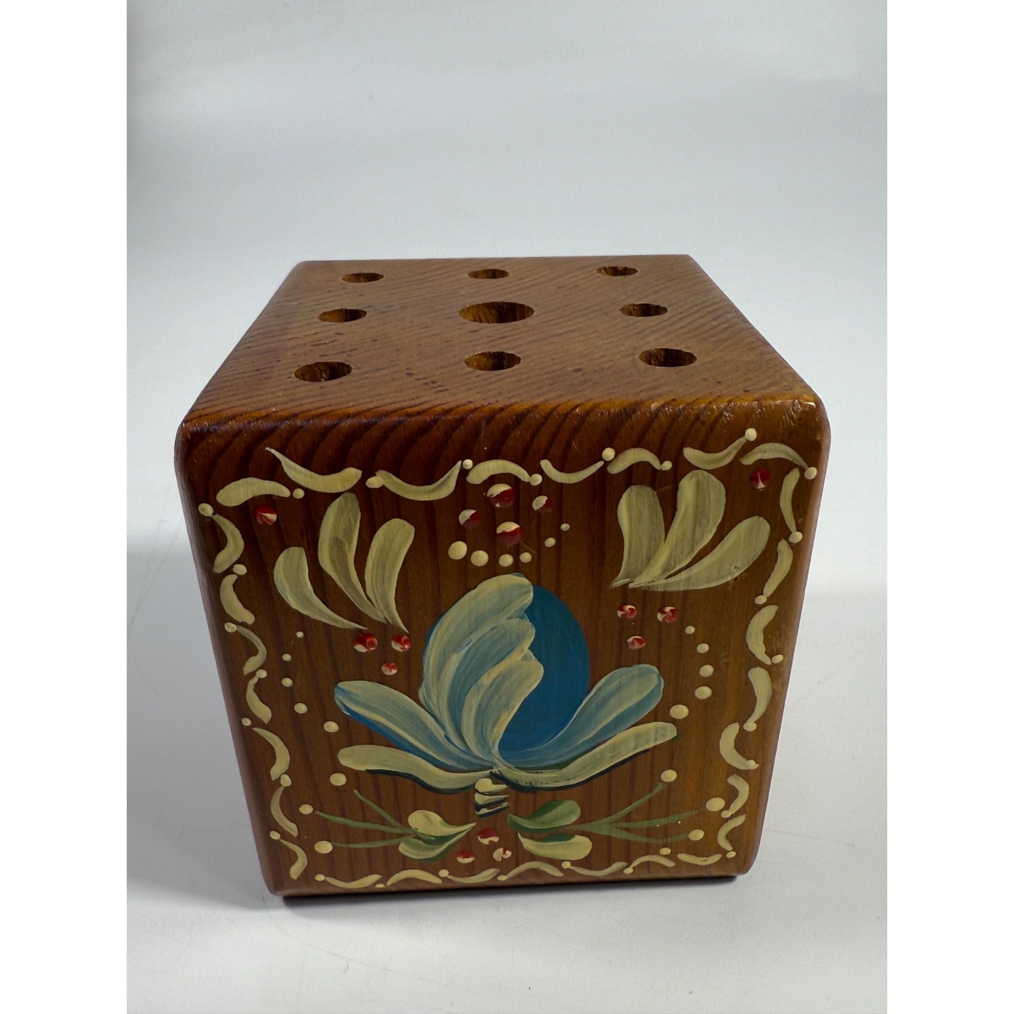 Pencil Pen Block Holder Hand Painted Wood Artisan for Desktop Signed Folk Art Floral Cottage Granny Core Desk Accessories Wooden Vintage