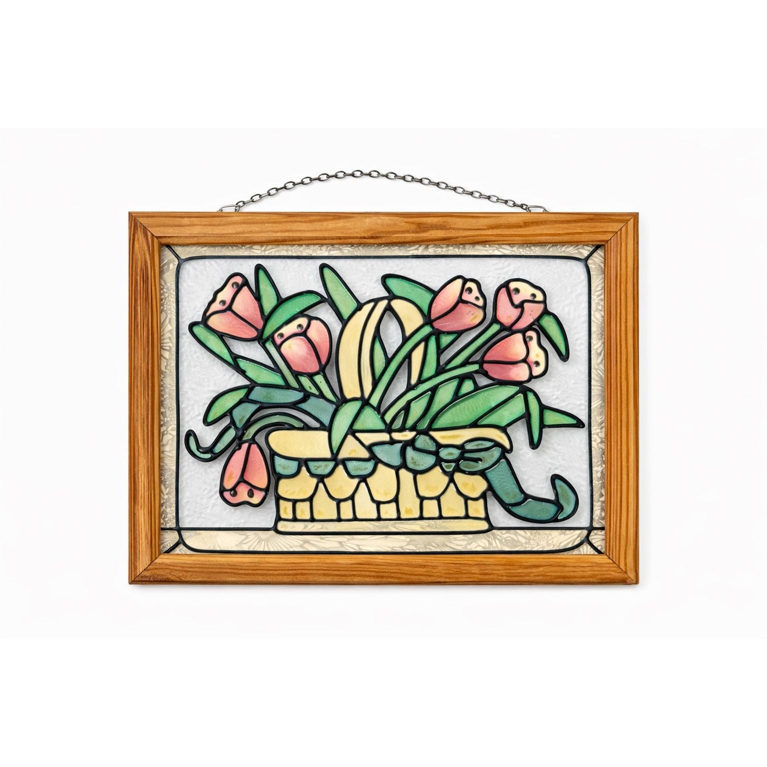 Stained Glass Floral Window Panel Multicolor with Wooden Frame  Hanging Chain Tulips Hearts Country Primitive Cottage Granny Core