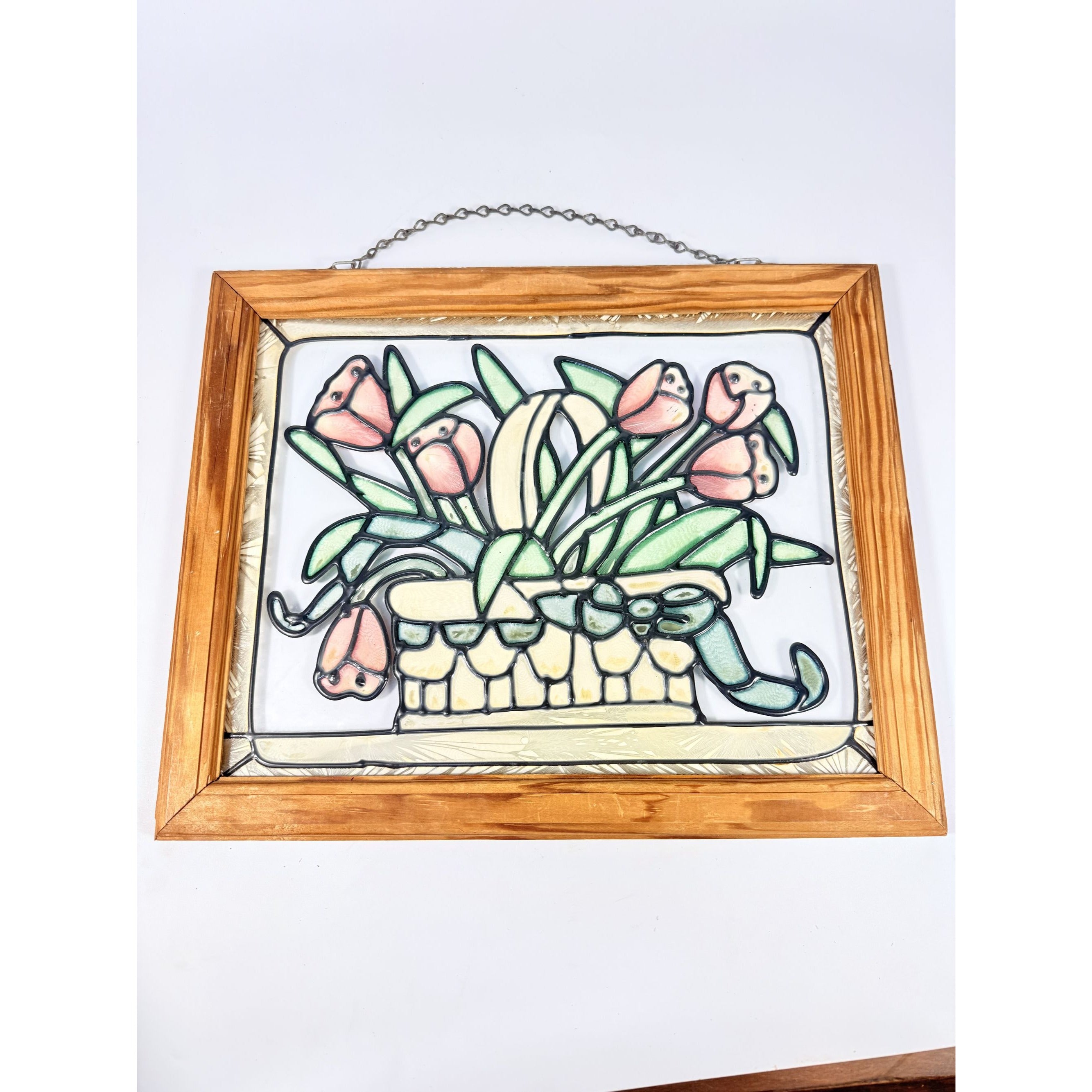 Stained Glass Floral Window Panel Multicolor with Wooden Frame  Hanging Chain Tulips Hearts Country Primitive Cottage Granny Core