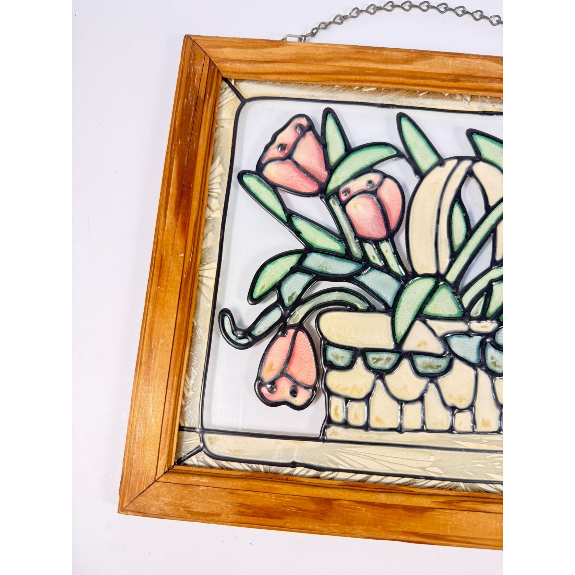 Stained Glass Floral Window Panel Multicolor with Wooden Frame  Hanging Chain Tulips Hearts Country Primitive Cottage Granny Core