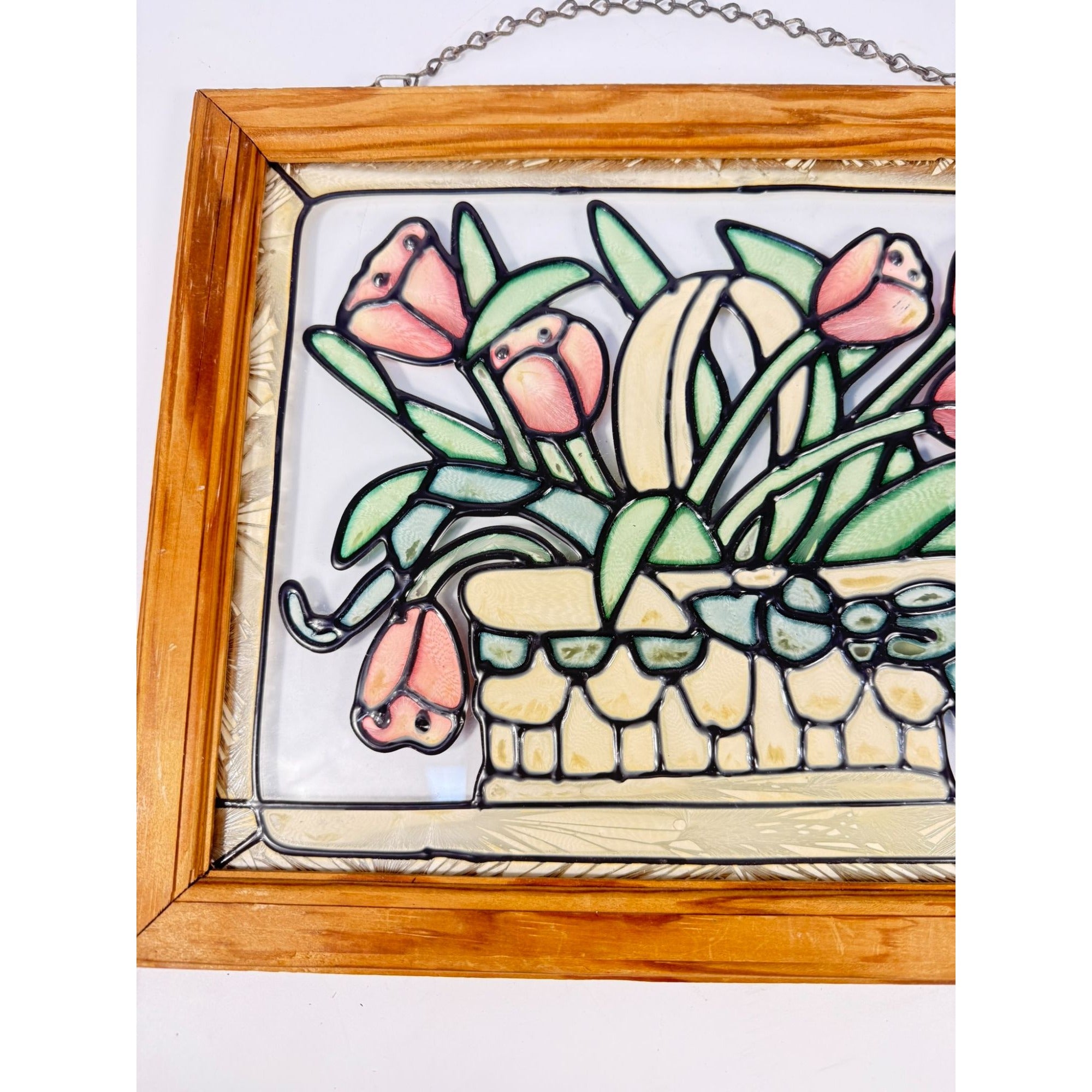 Stained Glass Floral Window Panel Multicolor with Wooden Frame  Hanging Chain Tulips Hearts Country Primitive Cottage Granny Core