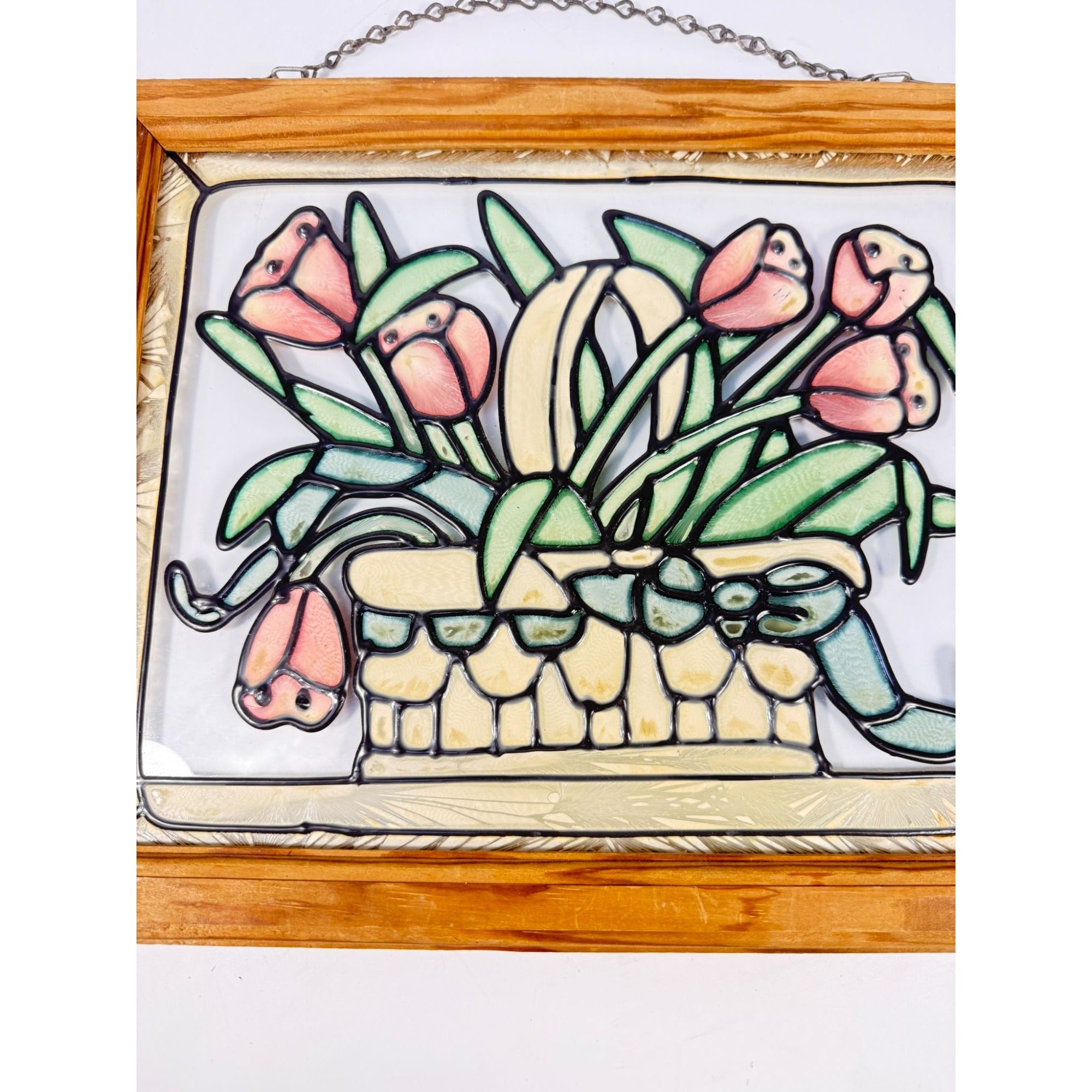 Stained Glass Floral Window Panel Multicolor with Wooden Frame  Hanging Chain Tulips Hearts Country Primitive Cottage Granny Core