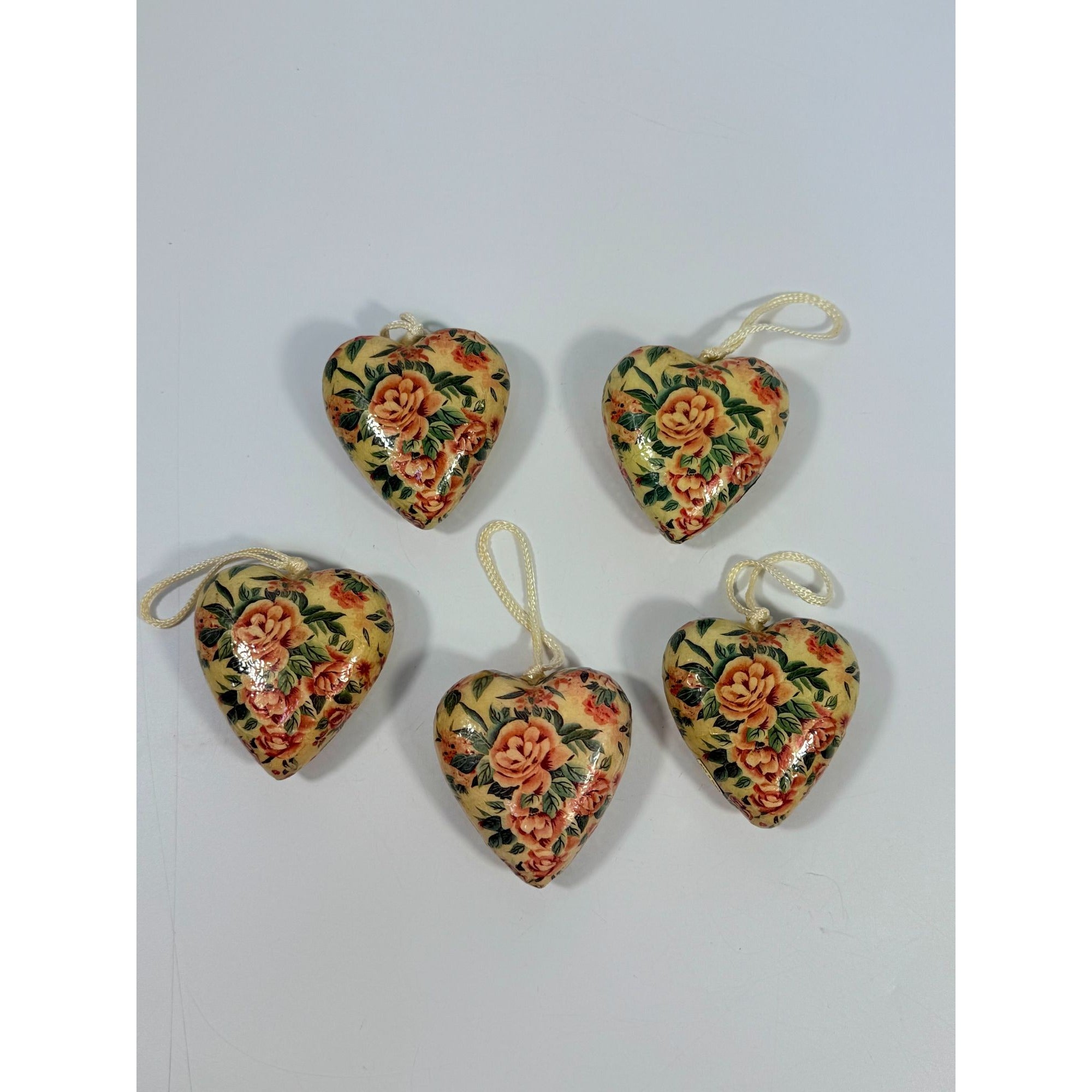 Vintage Heart Christmas Ornaments with Pink Roses, Set of 5 Decorations Victorian Valentines Tree Cottage Core