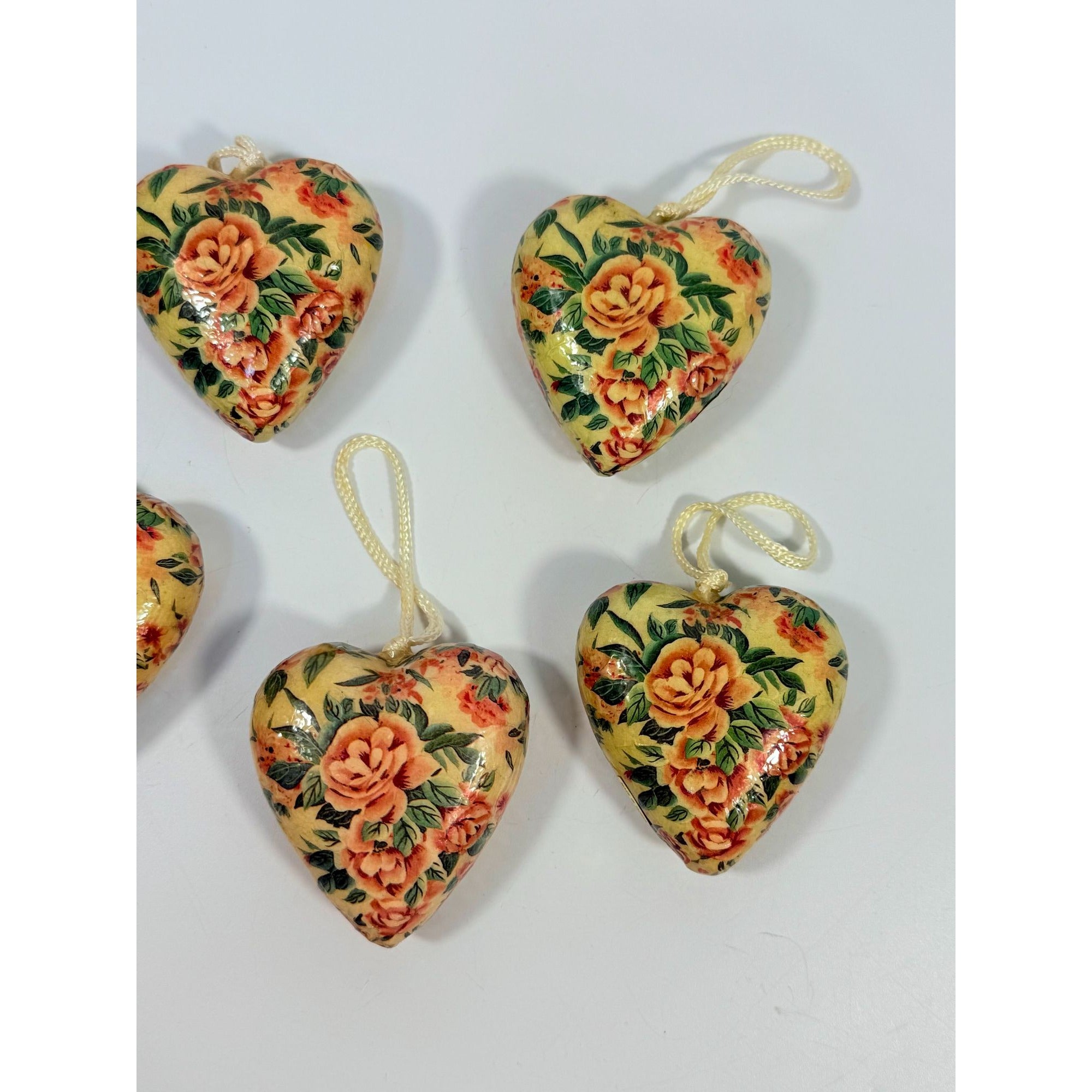 Vintage Heart Christmas Ornaments with Pink Roses, Set of 5 Decorations Victorian Valentines Tree Cottage Core