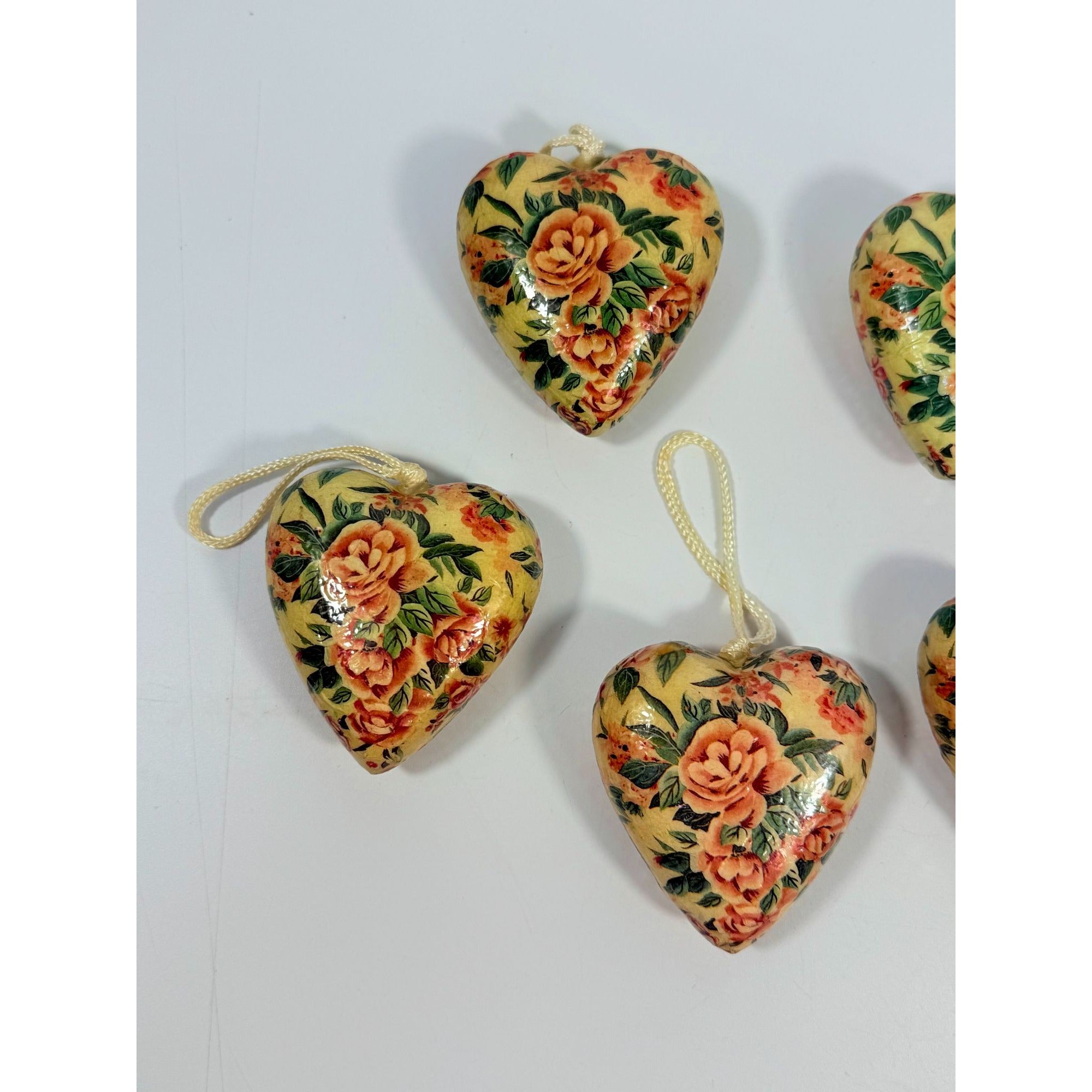Vintage Heart Christmas Ornaments with Pink Roses, Set of 5 Decorations Victorian Valentines Tree Cottage Core