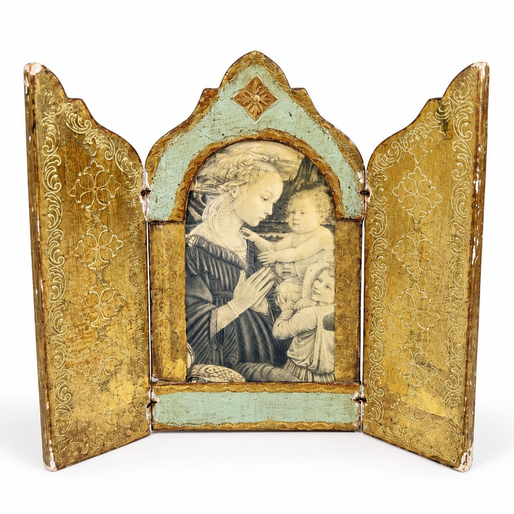 Triptych Florentine Italian Madonna Baby Jesus Tole Wood Teal Turquise Pink Icon Religious Art Vintage Italy Handpainted Cathlic Chrisitan