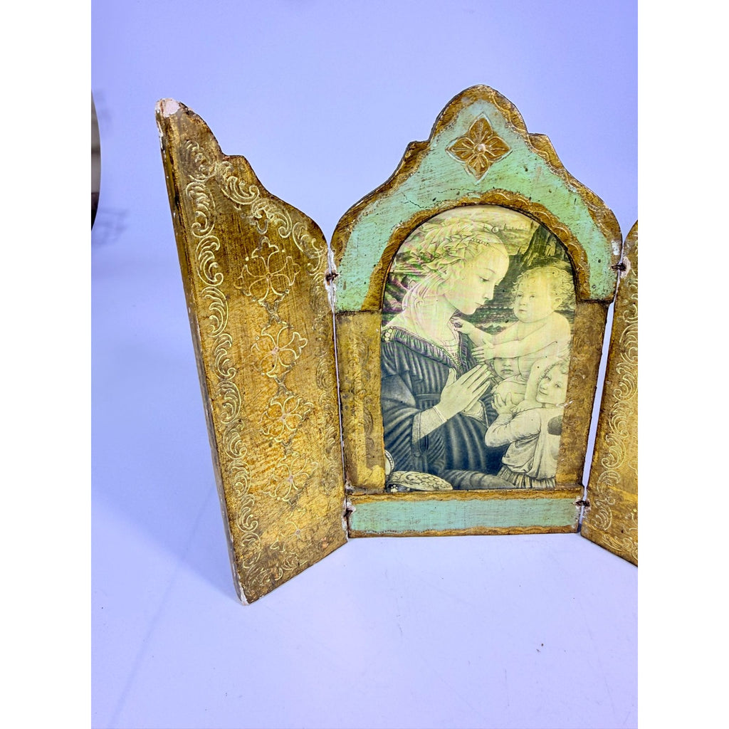 Triptych Florentine Italian Madonna Baby Jesus Tole Wood Teal Turquise Pink Icon Religious Art Vintage Italy Handpainted Cathlic Chrisitan