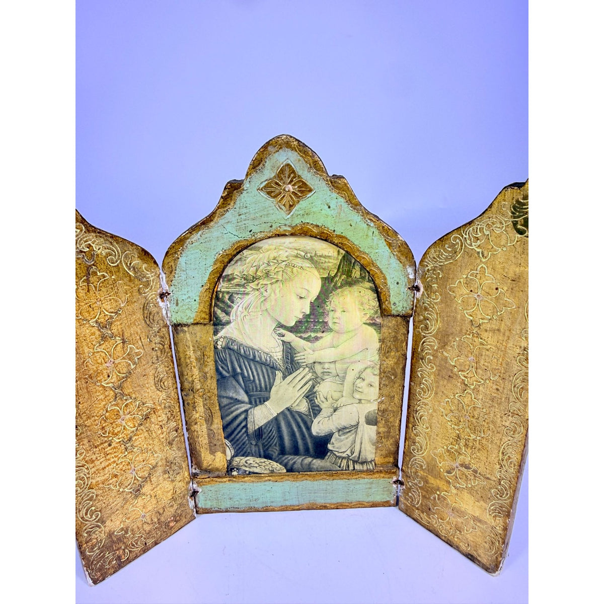 Triptych Florentine Italian Madonna Baby Jesus Tole Wood Teal Turquise Pink Icon Religious Art Vintage Italy Handpainted Cathlic Chrisitan