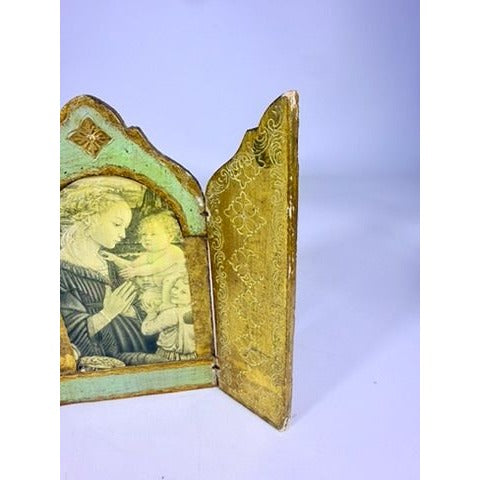 Triptych Florentine Italian Madonna Baby Jesus Tole Wood Teal Turquise Pink Icon Religious Art Vintage Italy Handpainted Cathlic Chrisitan