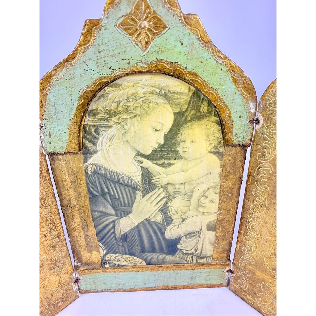Triptych Florentine Italian Madonna Baby Jesus Tole Wood Teal Turquise Pink Icon Religious Art Vintage Italy Handpainted Cathlic Chrisitan