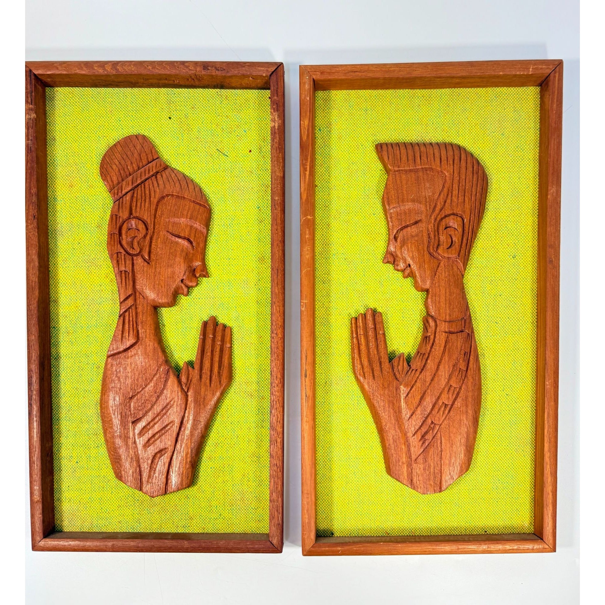 Wall Art Set Pair 1960s Couple in Meditation Prayer Framed Carved Teak Vintage Mid Century60s Home Decor Retro Indonesia Thailand Cultural