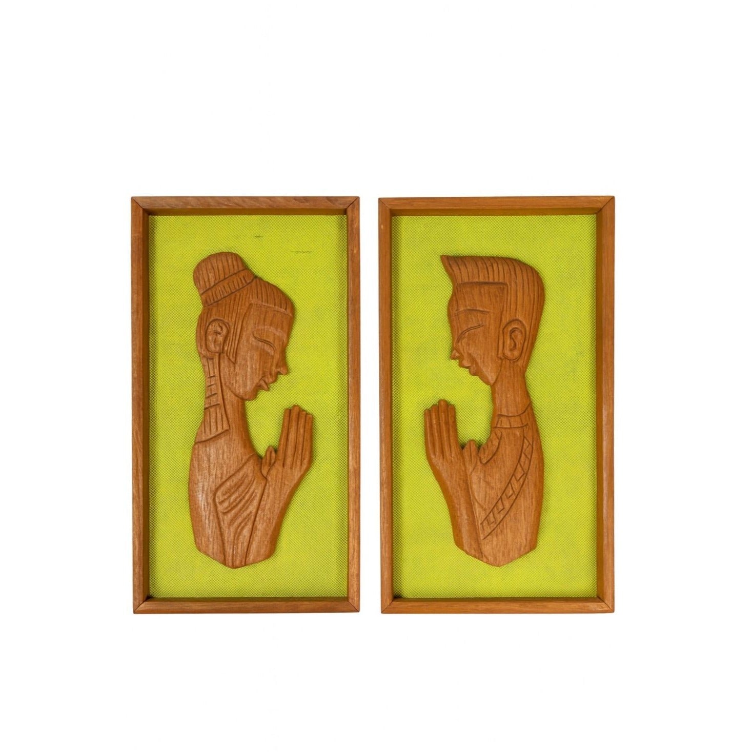 Wall Art Set Pair 1960s Couple in Meditation Prayer Framed Carved Teak Vintage Mid Century60s Home Decor Retro Indonesia Thailand Cultural