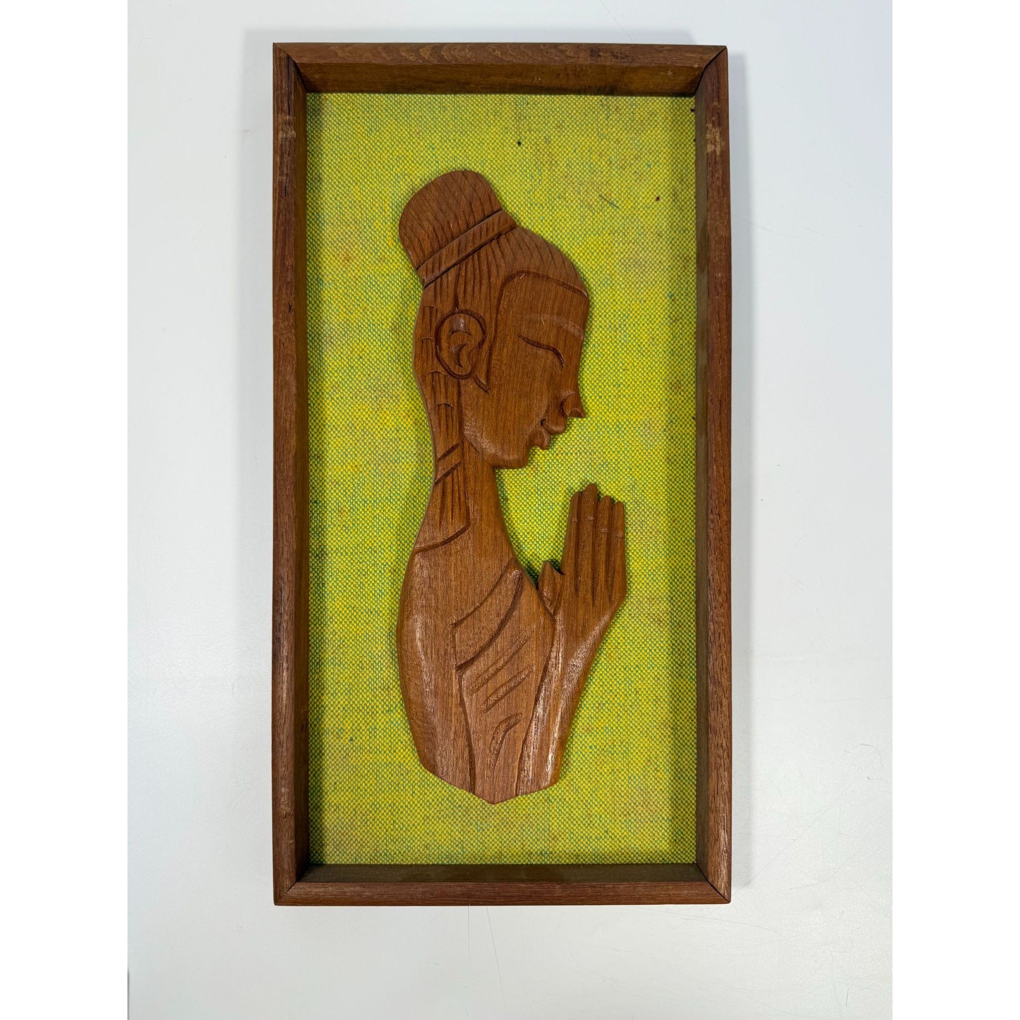 Wall Art Set Pair 1960s Couple in Meditation Prayer Framed Carved Teak Vintage Mid Century60s Home Decor Retro Indonesia Thailand Cultural