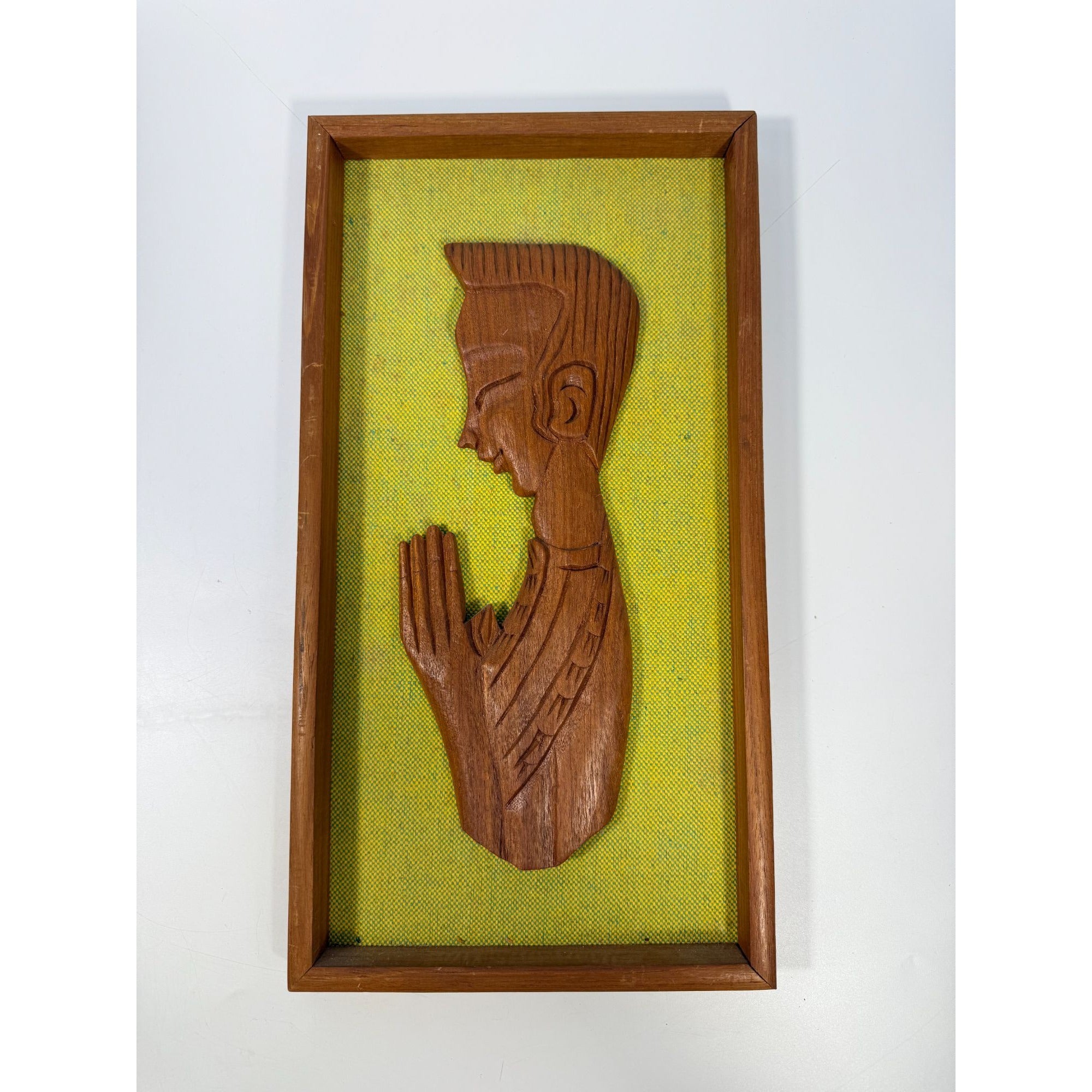 Wall Art Set Pair 1960s Couple in Meditation Prayer Framed Carved Teak Vintage Mid Century60s Home Decor Retro Indonesia Thailand Cultural