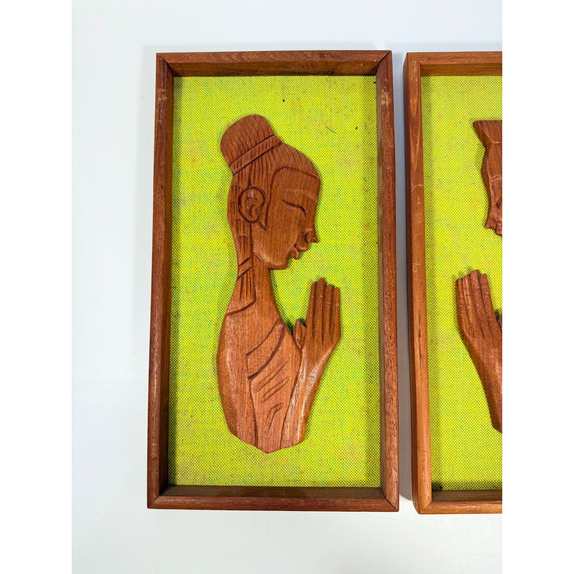 Wall Art Set Pair 1960s Couple in Meditation Prayer Framed Carved Teak Vintage Mid Century60s Home Decor Retro Indonesia Thailand Cultural