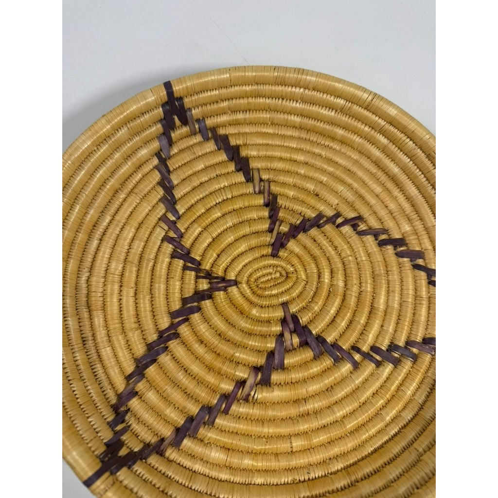 Serving Basket Tray Round Circle  Woven Wicker African Handmade Vintage Purple Design Coiled Raffia Home Decor Decorative Accents