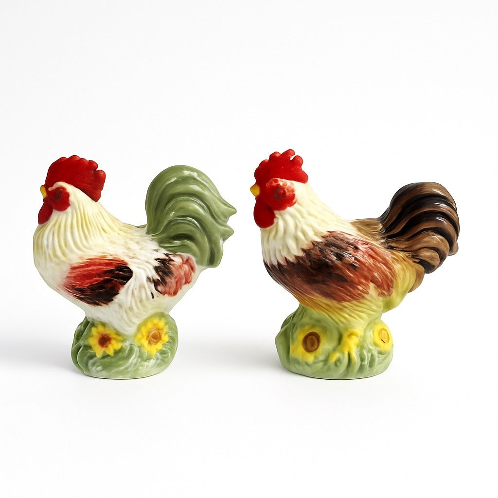 Rooster Salt & Pepper Shakers Ceramic Pottery Glossy 4" Hand Painted Pair Kitchenware Serving Pieces Tableware Cottage Granny Core Vintage