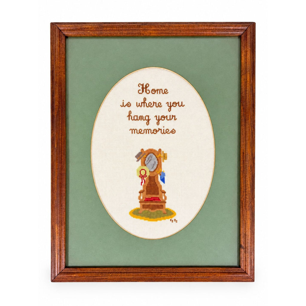Framed Art Cross Stitch Home is where you Hang your Memories Coat Stand Finished 1980s Primitive Country Folk Artwork Wall Decor
