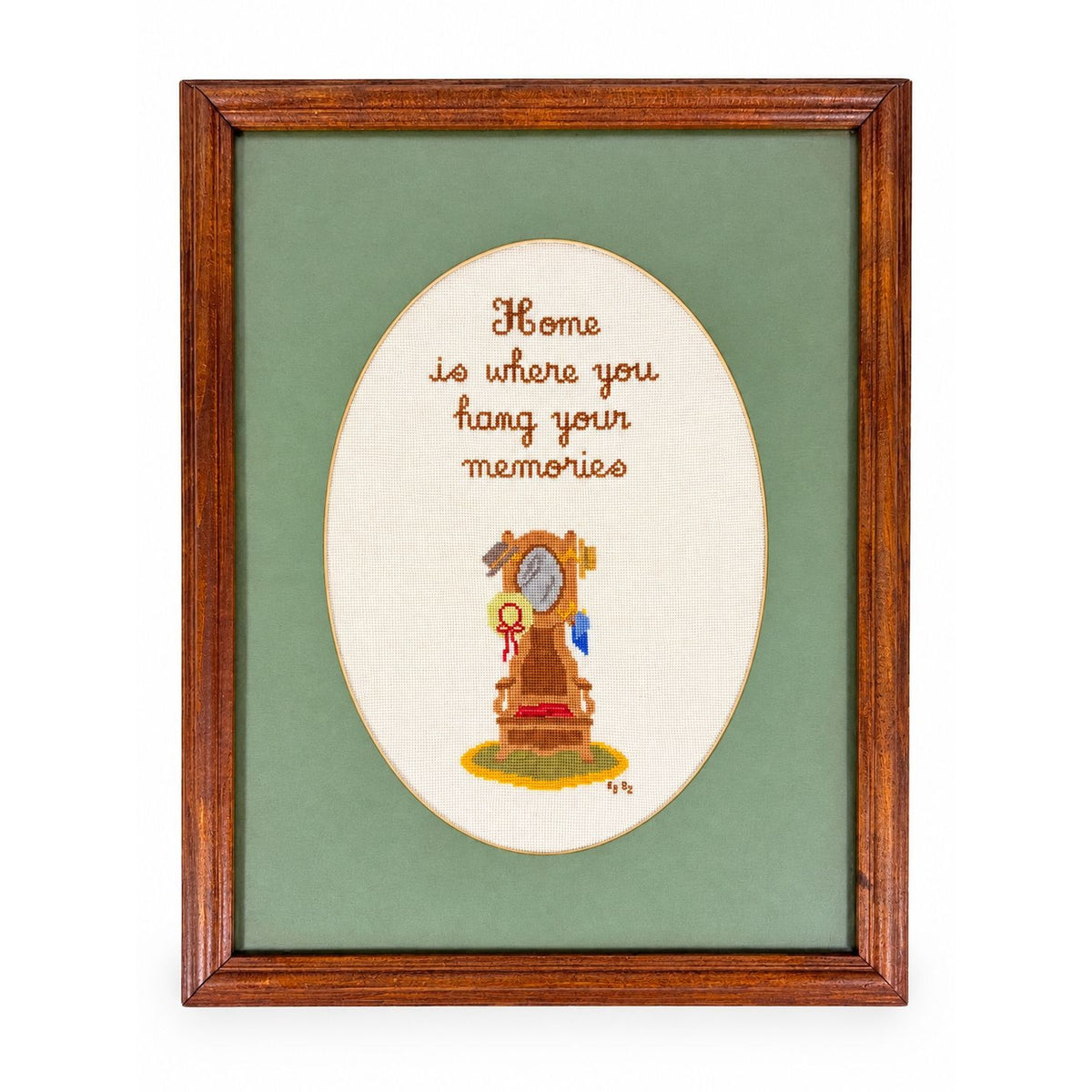 Framed Art Cross Stitch Home is where you Hang your Memories Coat Stand Finished 1980s Primitive Country Folk Artwork Wall Decor