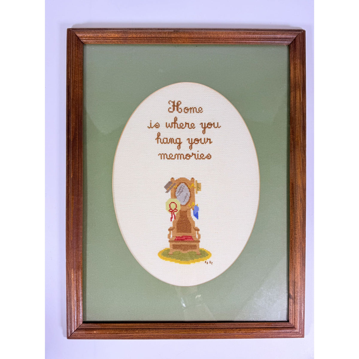 Framed Art Cross Stitch Home is where you Hang your Memories Coat Stand Finished 1980s Primitive Country Folk Artwork Wall Decor