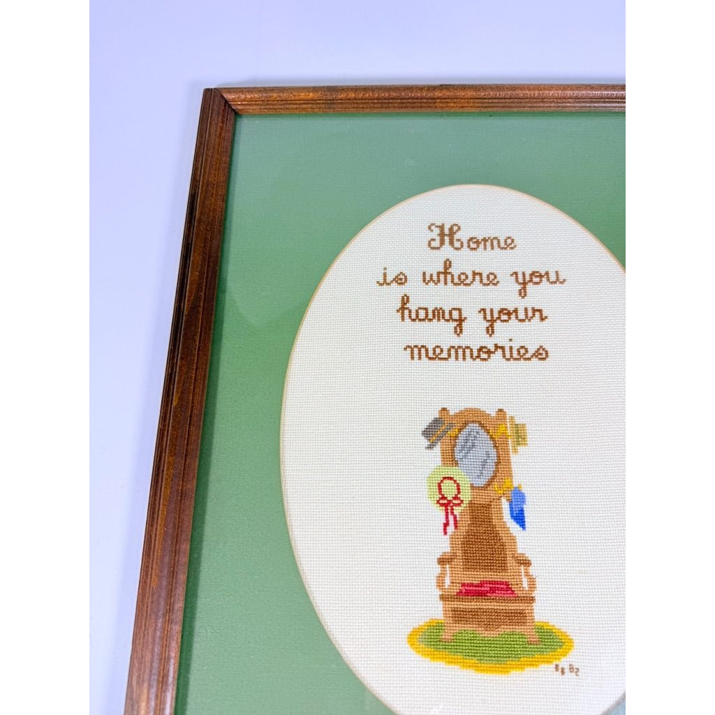 Framed Art Cross Stitch Home is where you Hang your Memories Coat Stand Finished 1980s Primitive Country Folk Artwork Wall Decor