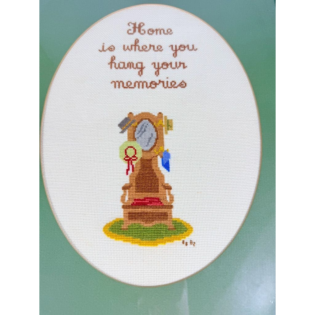 Framed Art Cross Stitch Home is where you Hang your Memories Coat Stand Finished 1980s Primitive Country Folk Artwork Wall Decor