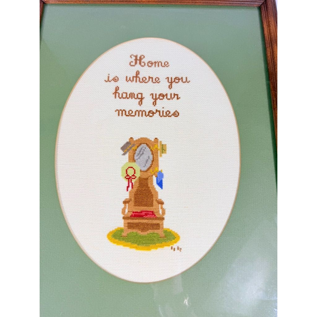 Framed Art Cross Stitch Home is where you Hang your Memories Coat Stand Finished 1980s Primitive Country Folk Artwork Wall Decor