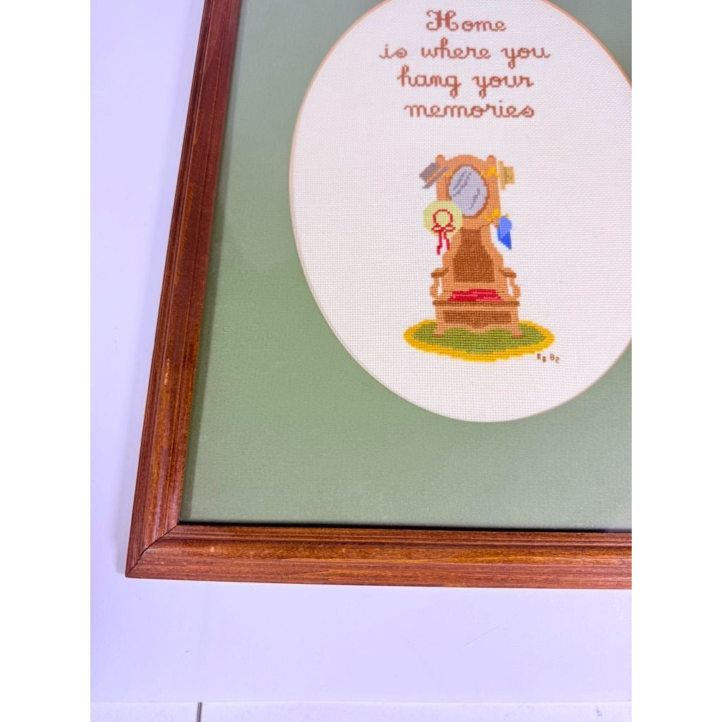 Framed Art Cross Stitch Home is where you Hang your Memories Coat Stand Finished 1980s Primitive Country Folk Artwork Wall Decor