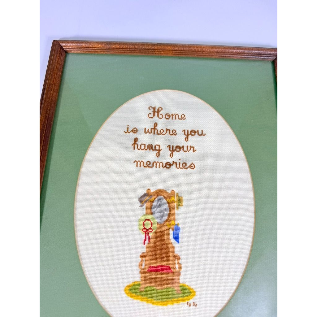 Framed Art Cross Stitch Home is where you Hang your Memories Coat Stand Finished 1980s Primitive Country Folk Artwork Wall Decor