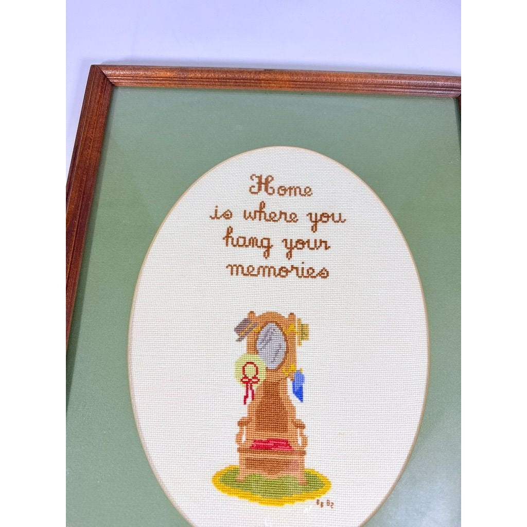 Framed Art Cross Stitch Home is where you Hang your Memories Coat Stand Finished 1980s Primitive Country Folk Artwork Wall Decor