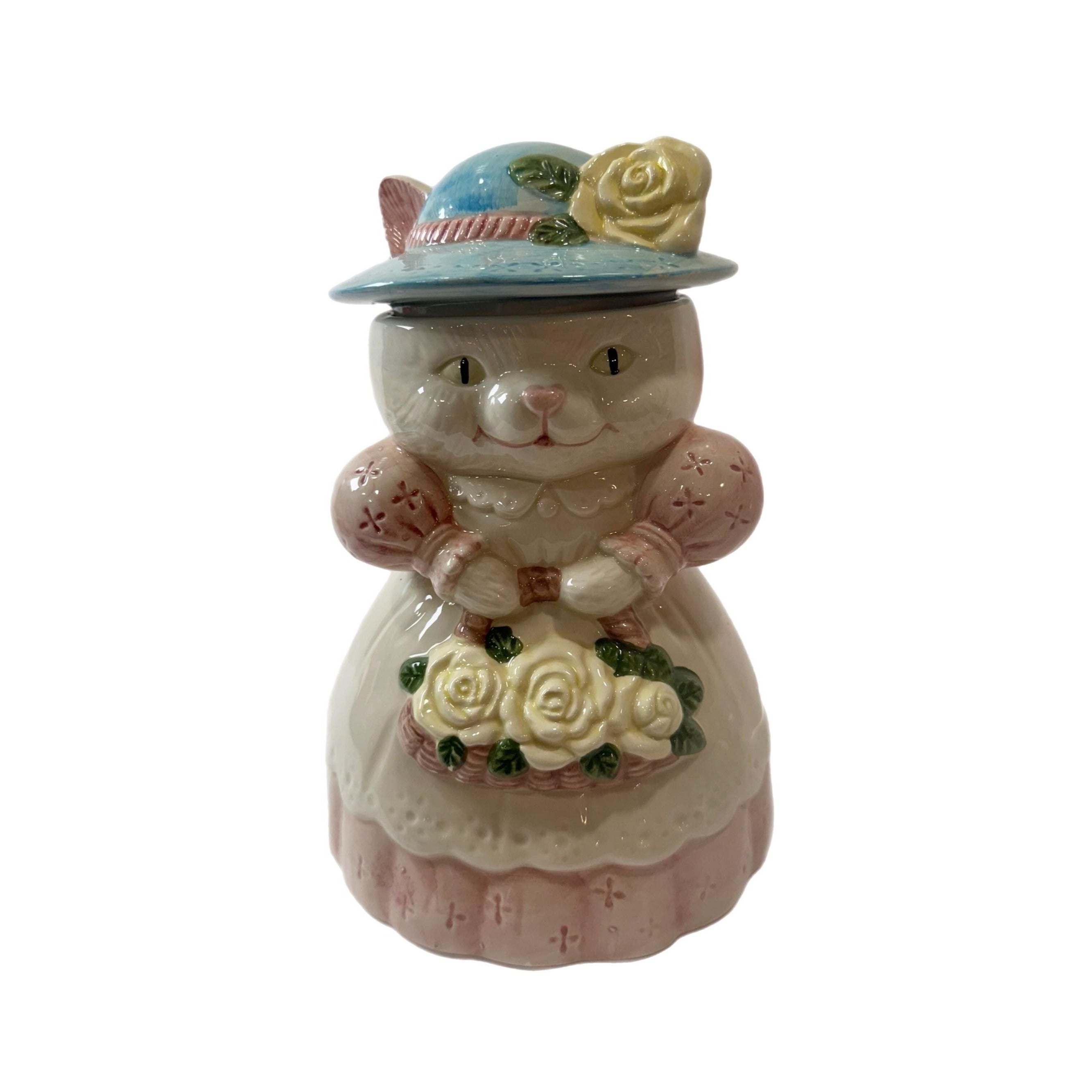 Cat Cookie Jar Mama Grandma Cat Ceramic Albert Price Vintage Victorian Country Hat Flowers Farmhouse Grandma Cottage Core Kitchenware