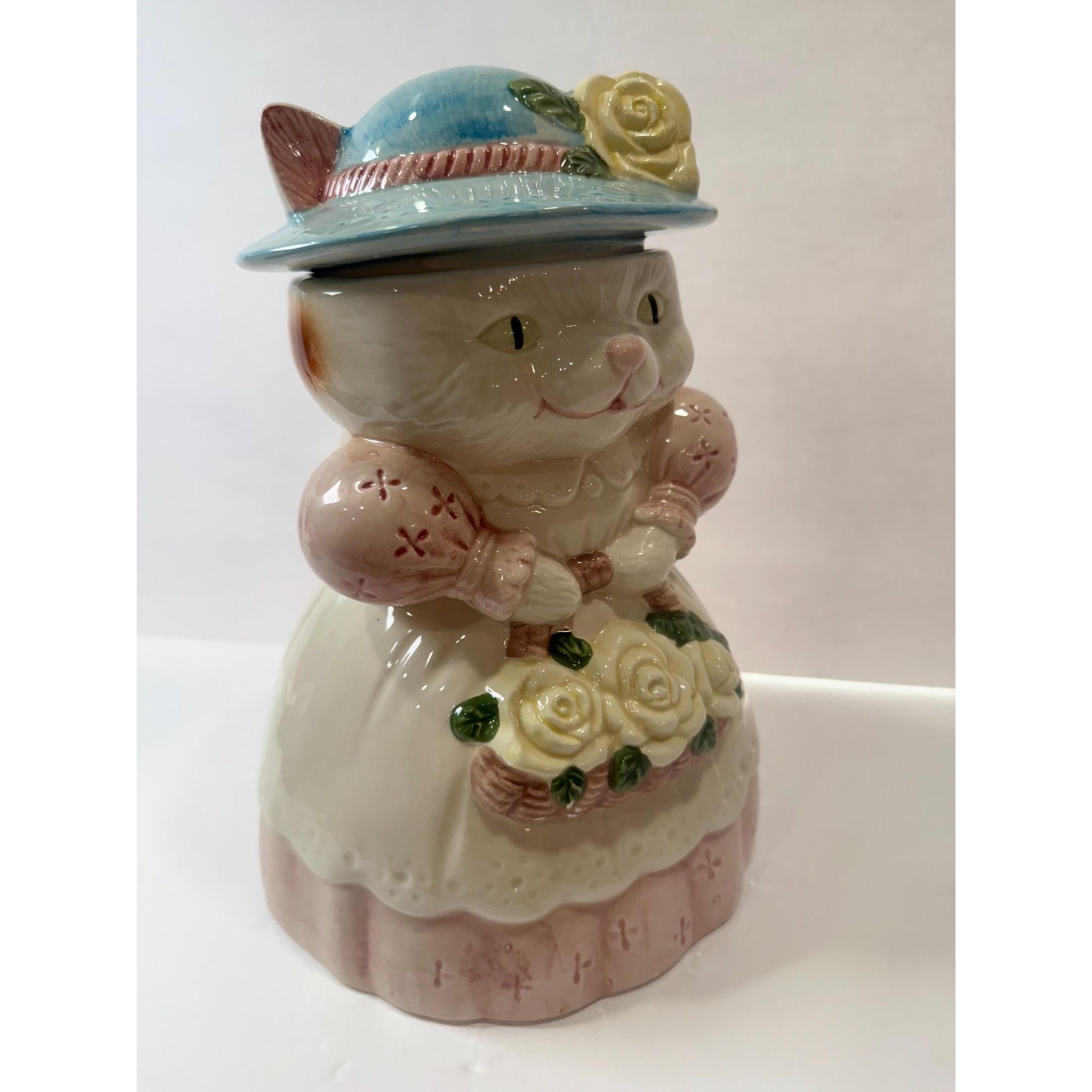 Cat Cookie Jar Mama Grandma Cat Ceramic Albert Price Vintage Victorian Country Hat Flowers Farmhouse Grandma Cottage Core Kitchenware