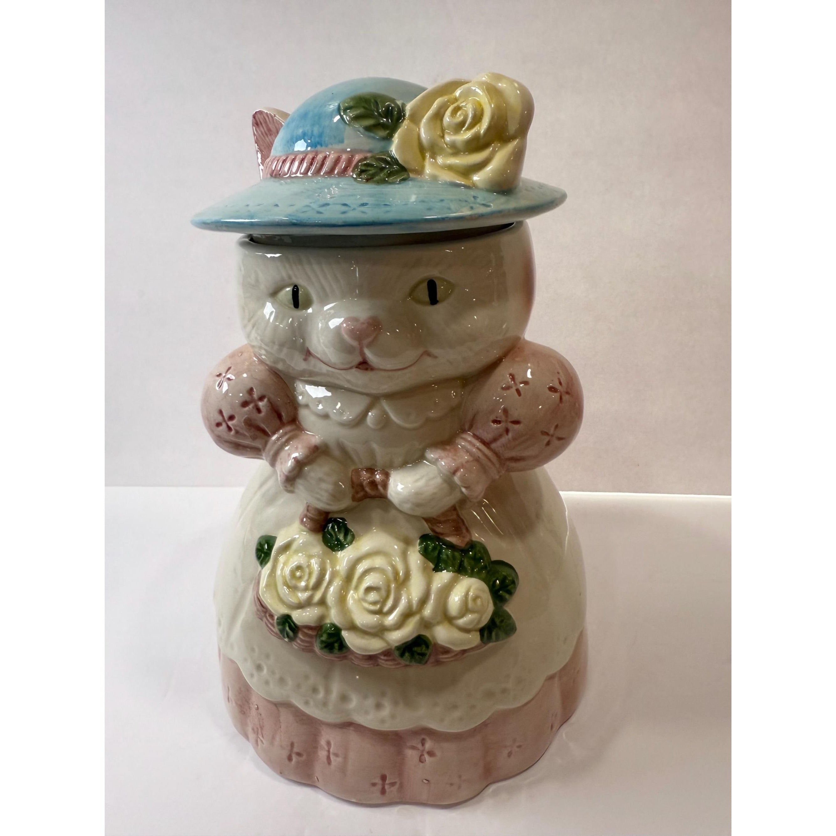 Cat Cookie Jar Mama Grandma Cat Ceramic Albert Price Vintage Victorian Country Hat Flowers Farmhouse Grandma Cottage Core Kitchenware