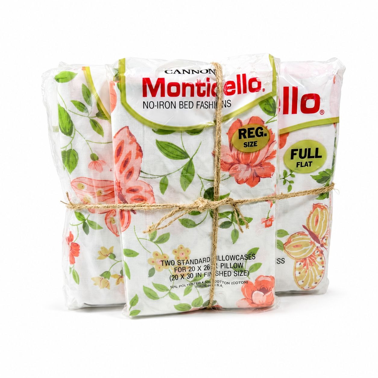 Full Sheet Set Cannon Monticello Floral Butterflies Flat Fitted Sheets 2 Cases Flowers Pastels 1970s Retro Vintage New in Bag Bedding Linens